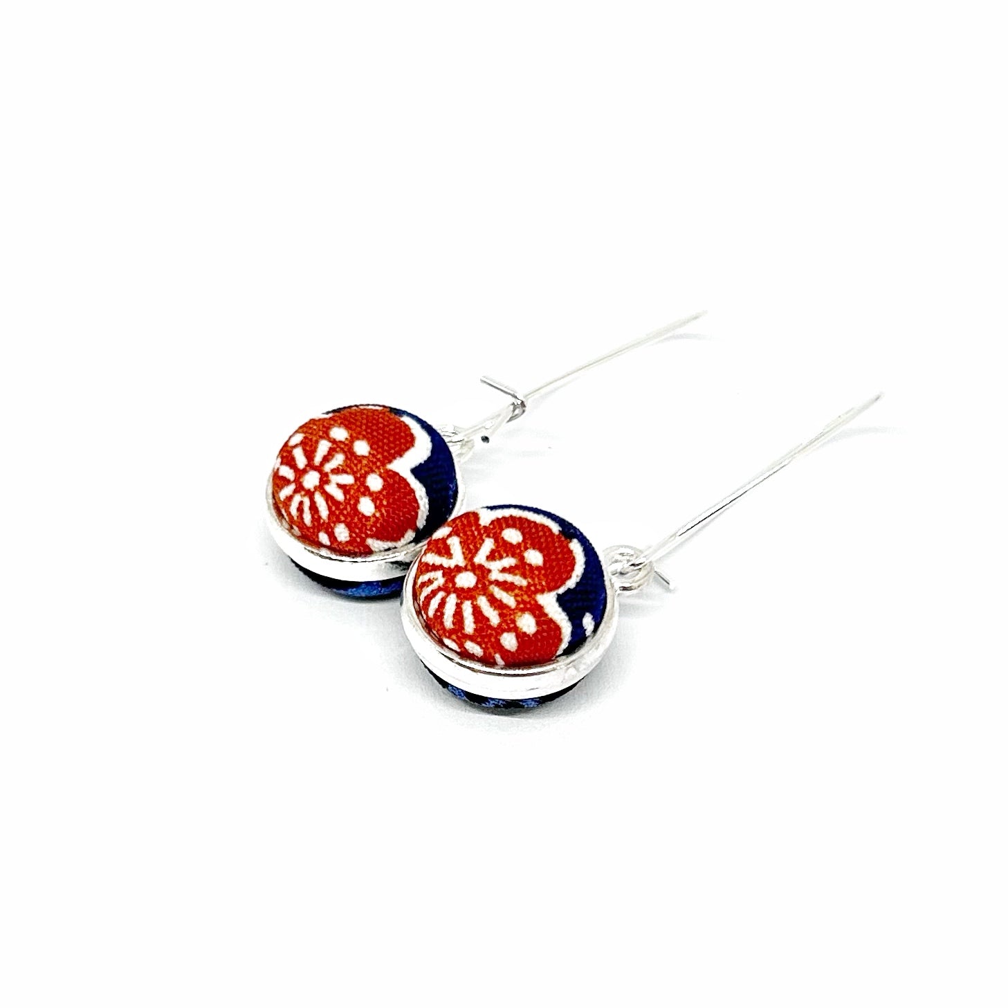 Double Sided Fabric Button Earrings - Blue and Red