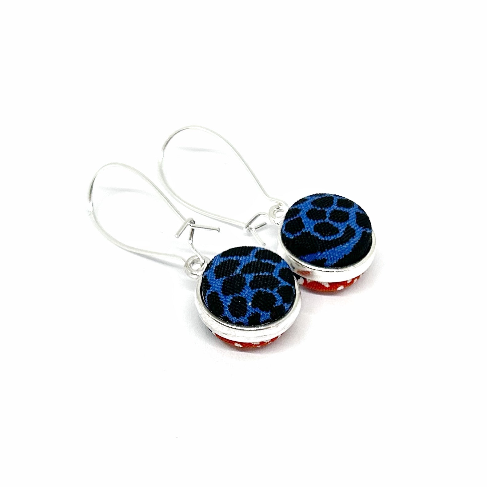 Double Sided Fabric Button Earrings - Blue and Red