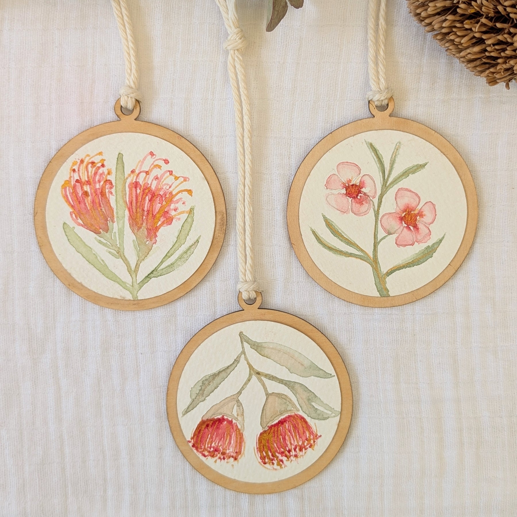 Australian Wildflower Christmas Baubles – Set of 3 | Original Watercolour on Reclaimed Timber