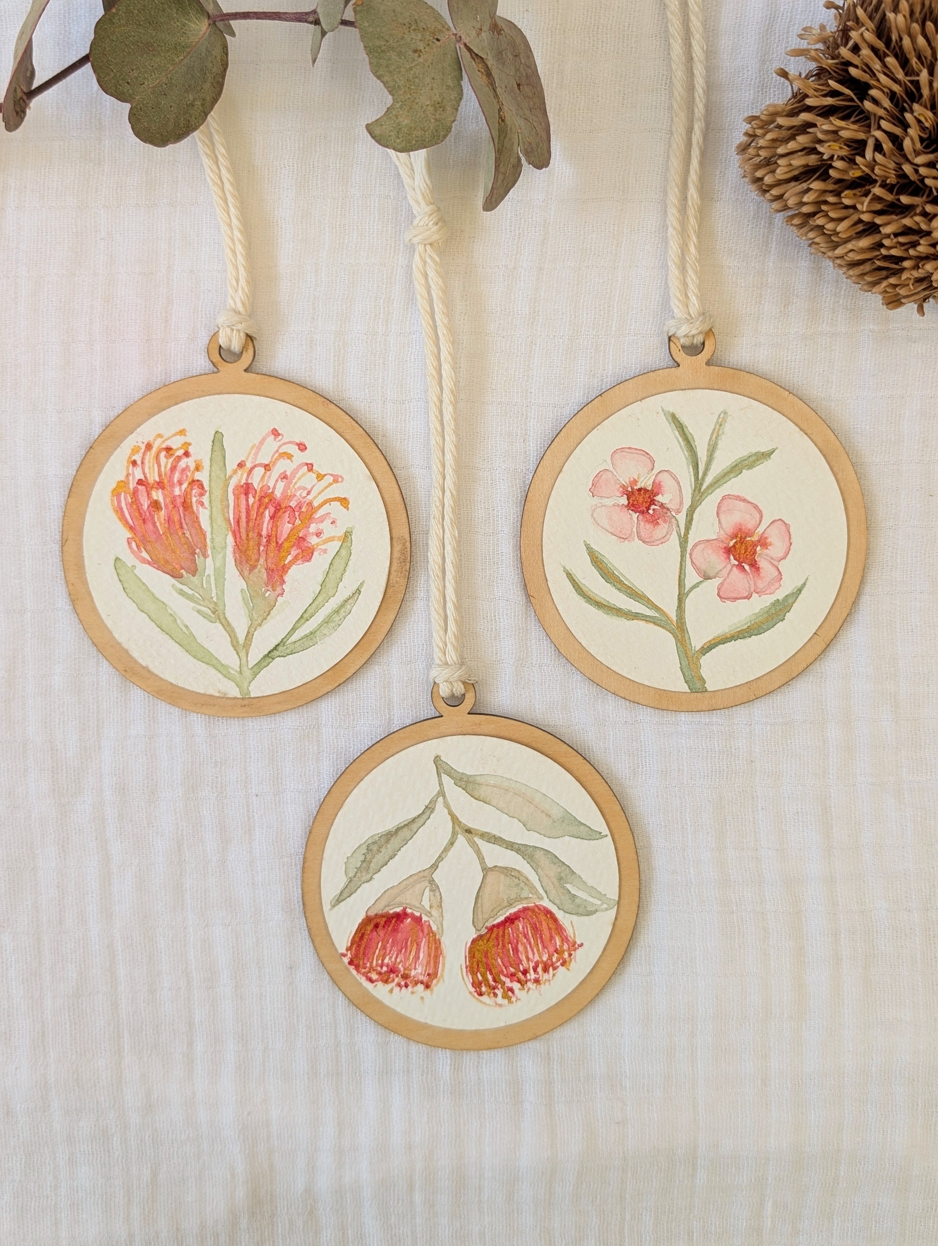 Australian Wildflower Christmas Baubles – Set of 3 | Original Watercolour on Reclaimed Timber