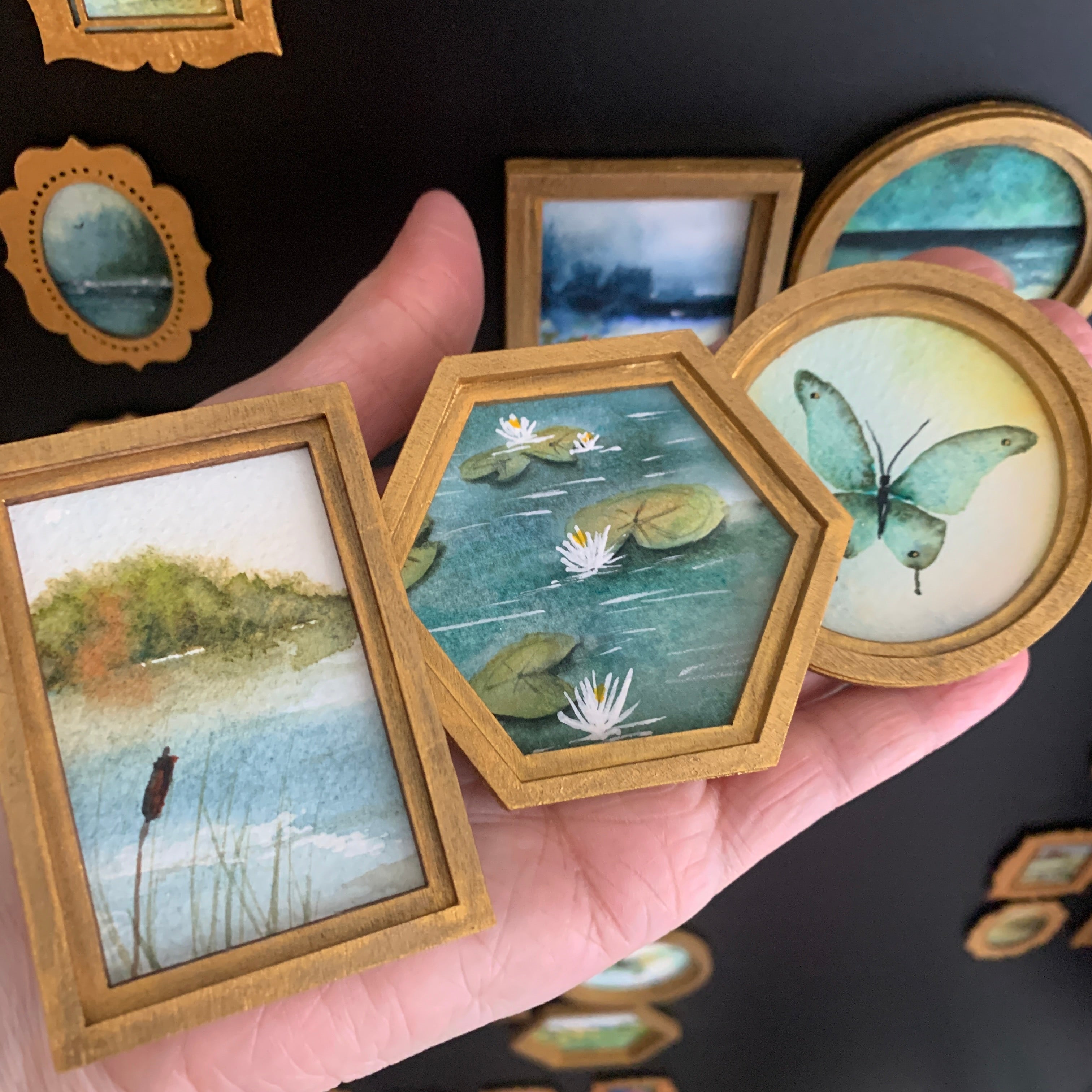 Large Hand Painted Fridge Magnet Set - 3 Framed Original Mini Paintings