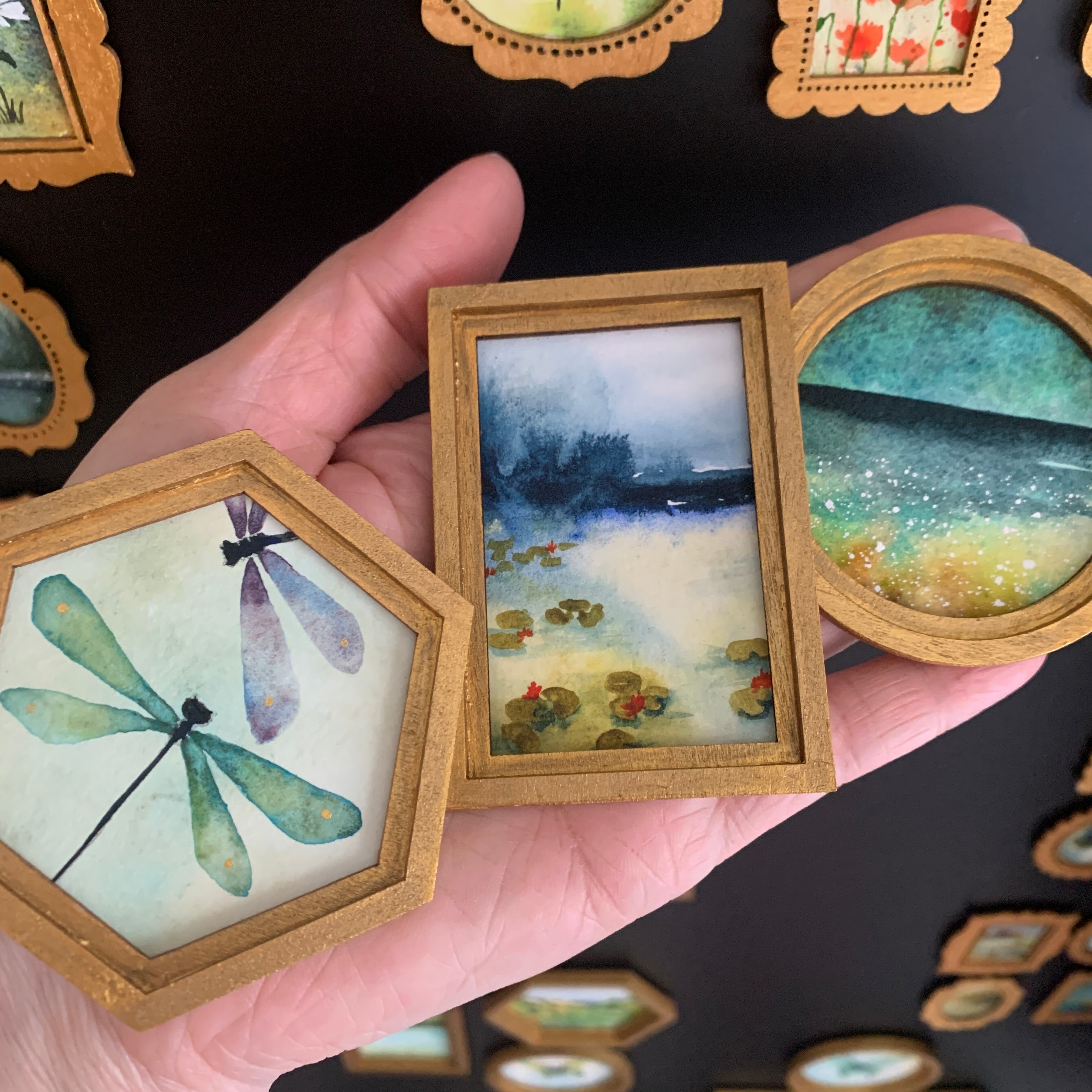 Large Hand Painted Fridge Magnet Set - 3 Framed Original Mini Paintings