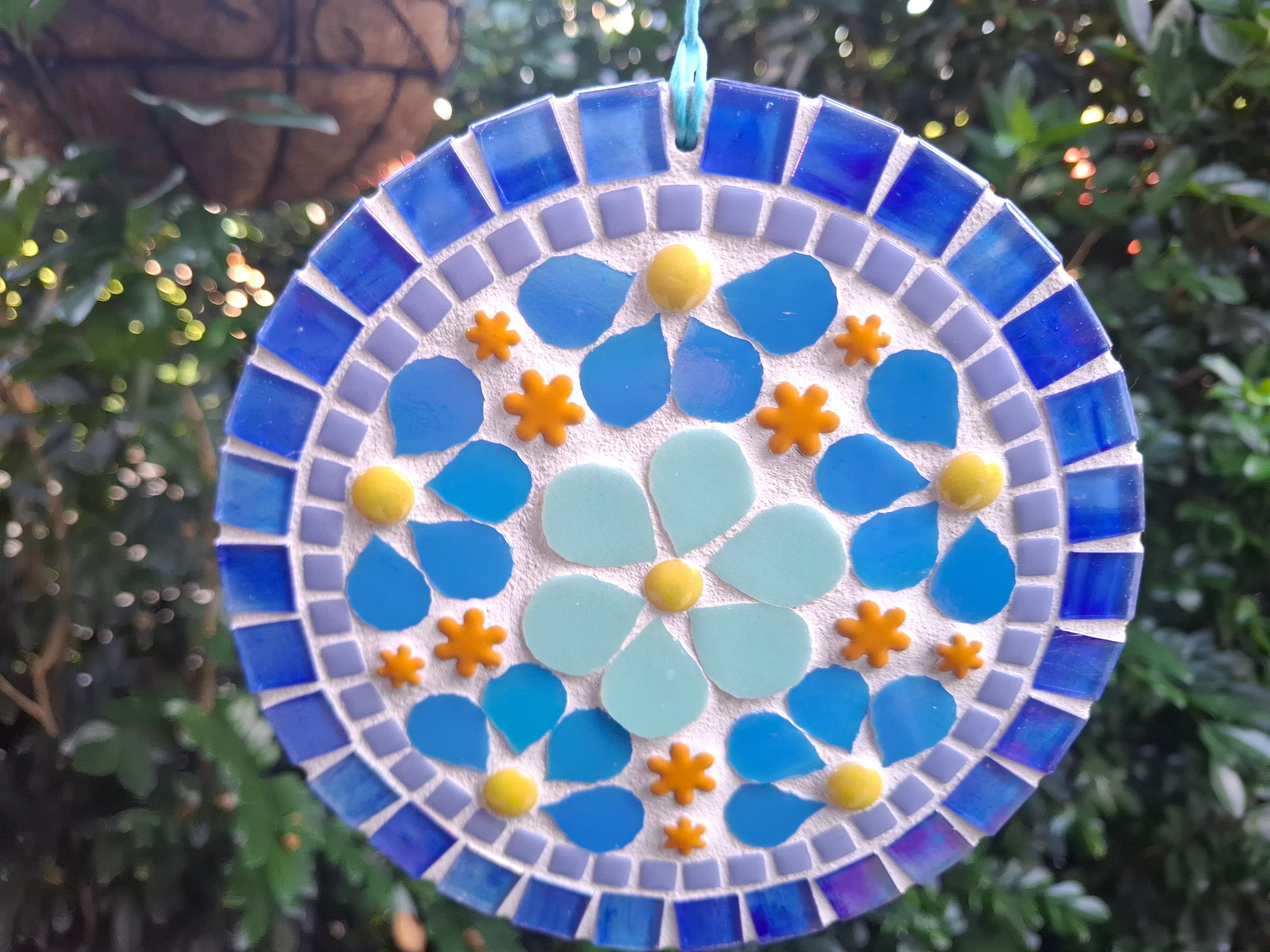 Blue Glass & Ceramic Mosaic Wall Hanging | Handmade Wall Art