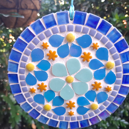 Blue Glass & Ceramic Mosaic Wall Hanging | Handmade Wall Art