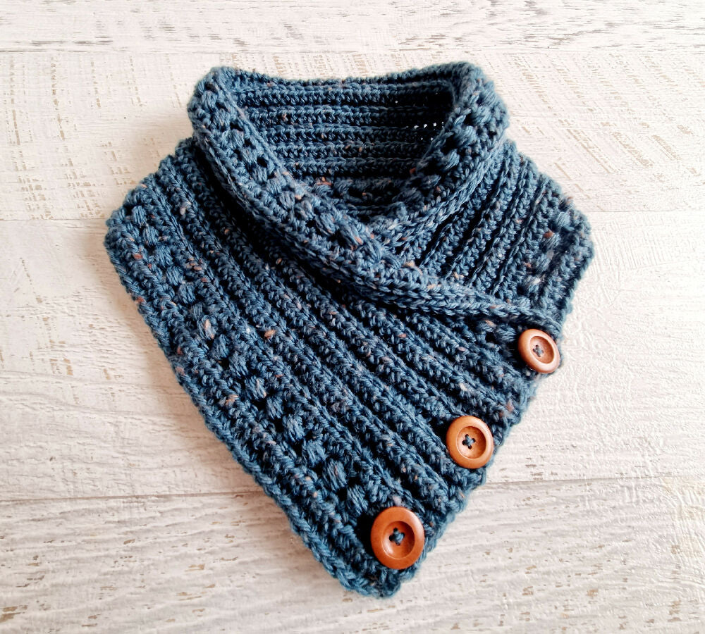 Neckwarmer Cowl Scarf Teal Tweed Adult Vintage Crochet Buttoned
