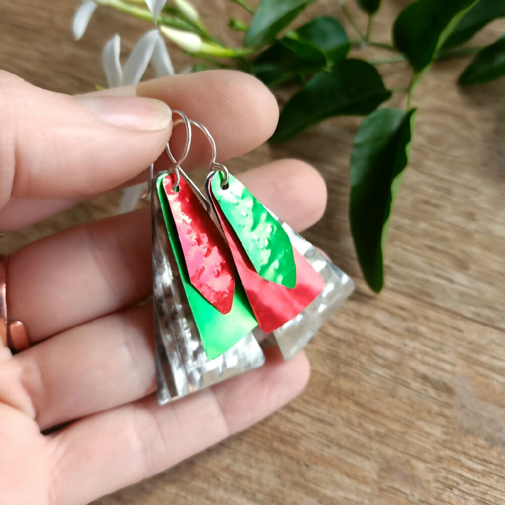 christmas tree earrings handmade upcycled green red in hand..