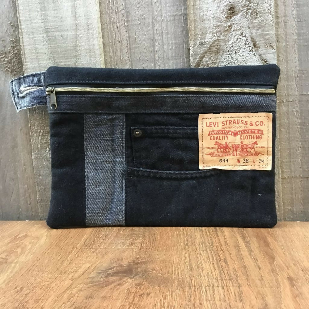 Black Upcycled Denim Pencil Case - Levi Patch