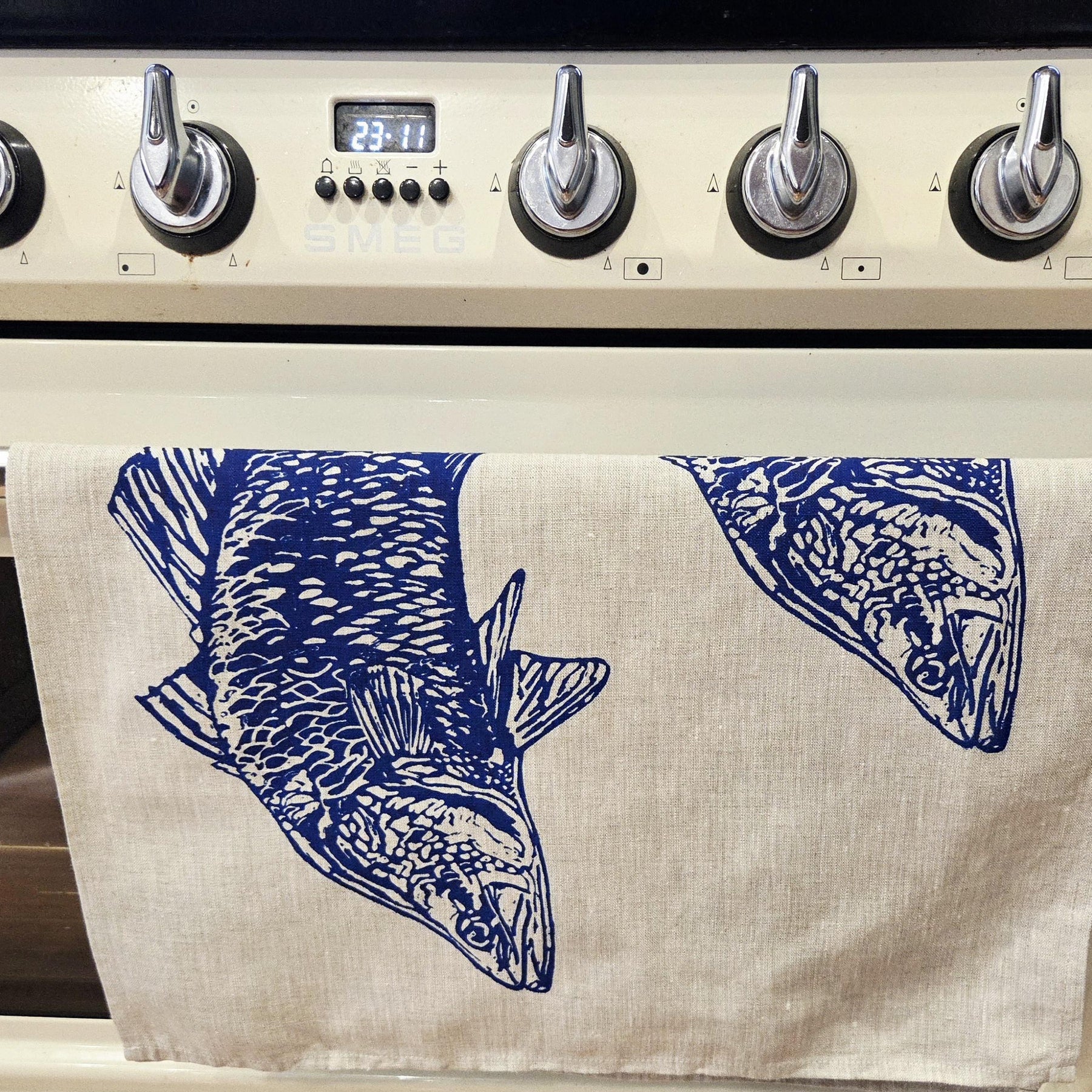 Hand Screen Printed Linen Tea Towels- Australian Barramundi