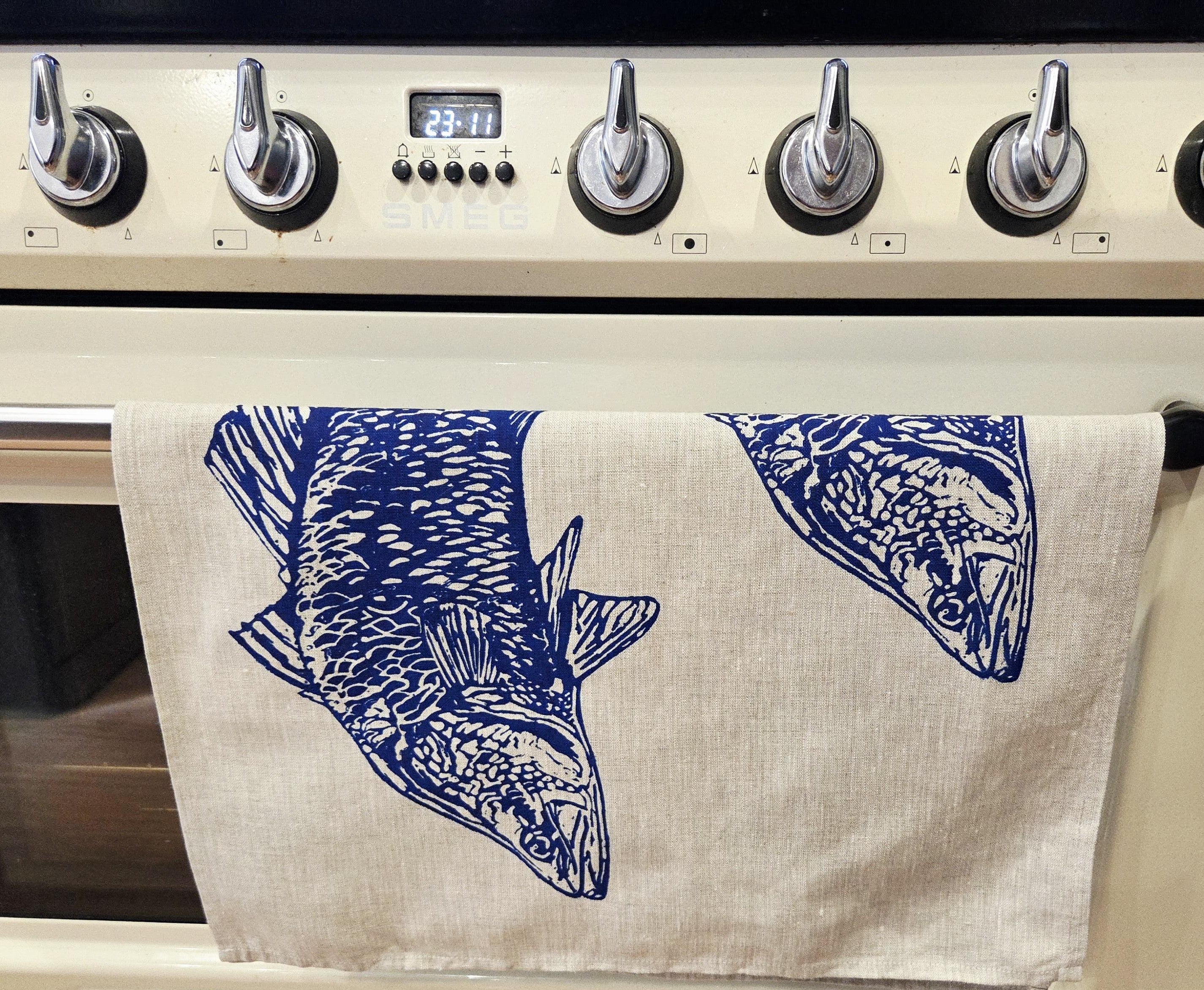 Hand Screen Printed Linen Tea Towels- Australian Barramundi