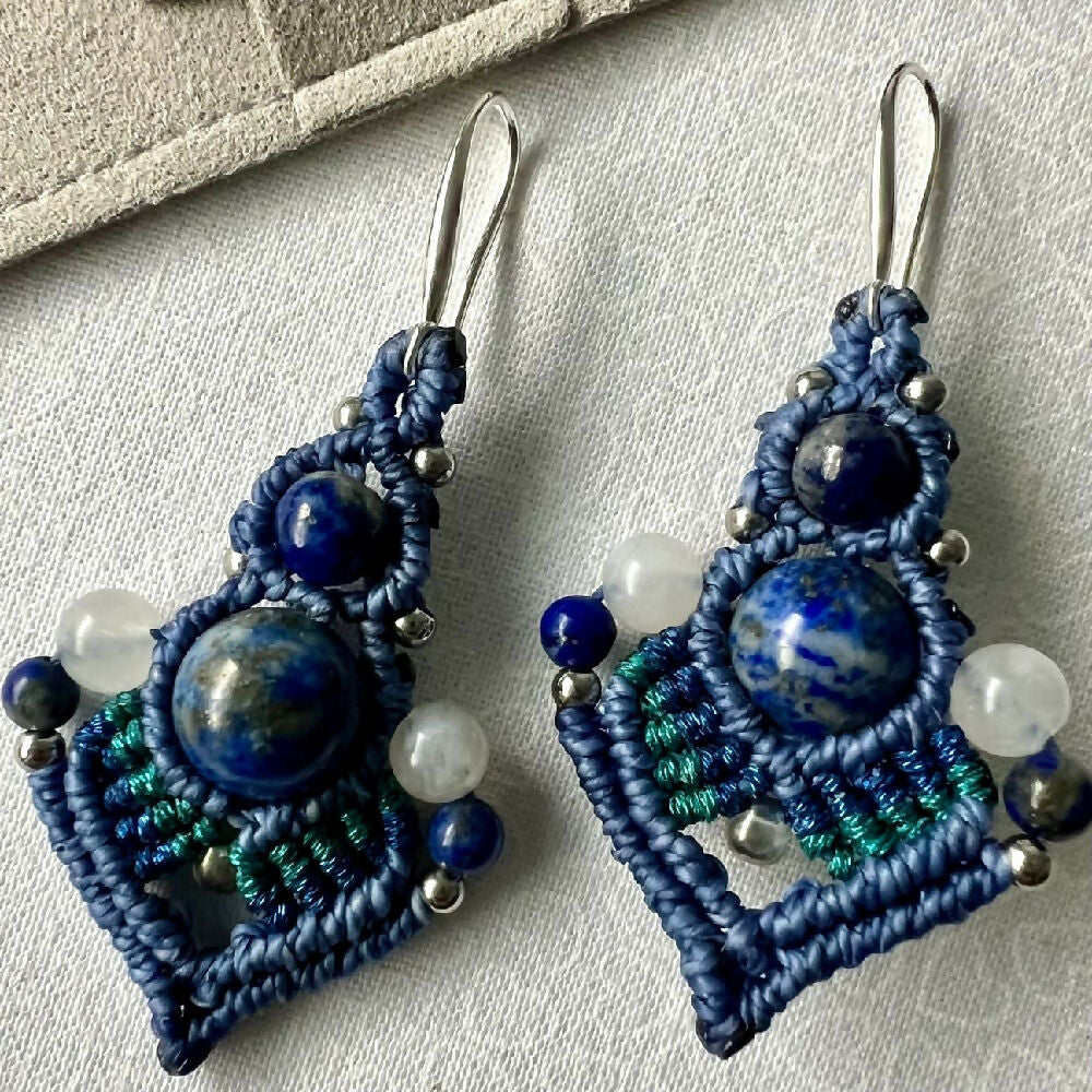 SOLD OUT Lapis Lazuli & Moonstone Macrame Earrings +Free Microfibre Pouch