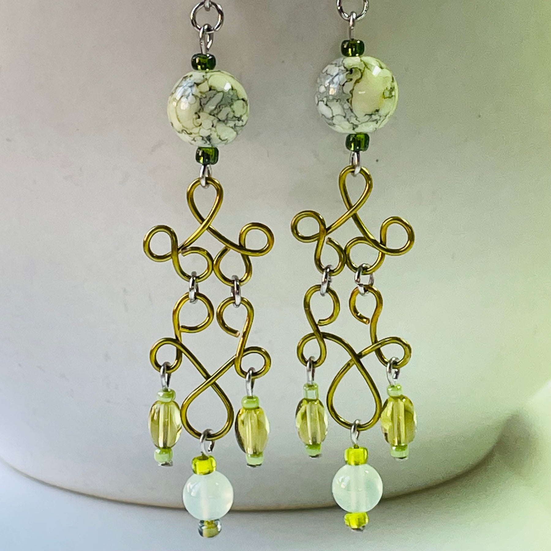 Lime Green Wire with Agate Gemstone Earrings