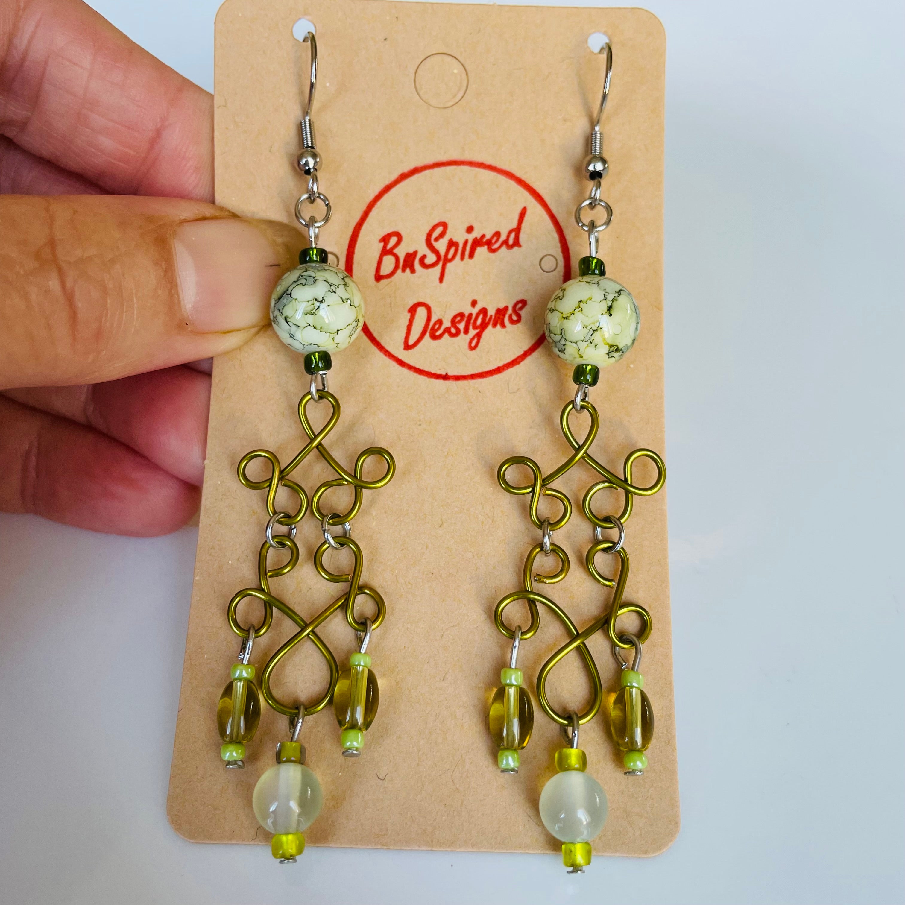 Lime Green Wire with Agate Gemstone Earrings