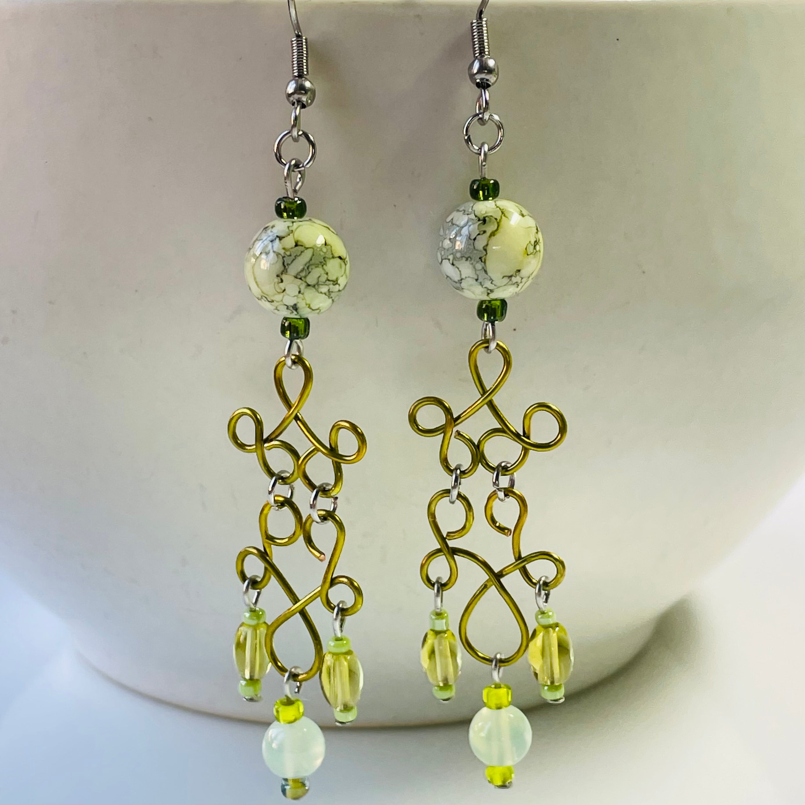 Lime Green Wire with Agate Gemstone Earrings