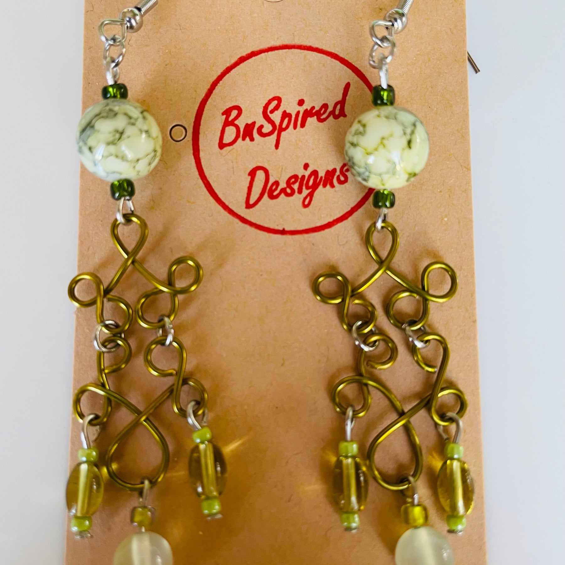 Lime Green Wire with Agate Gemstone Earrings