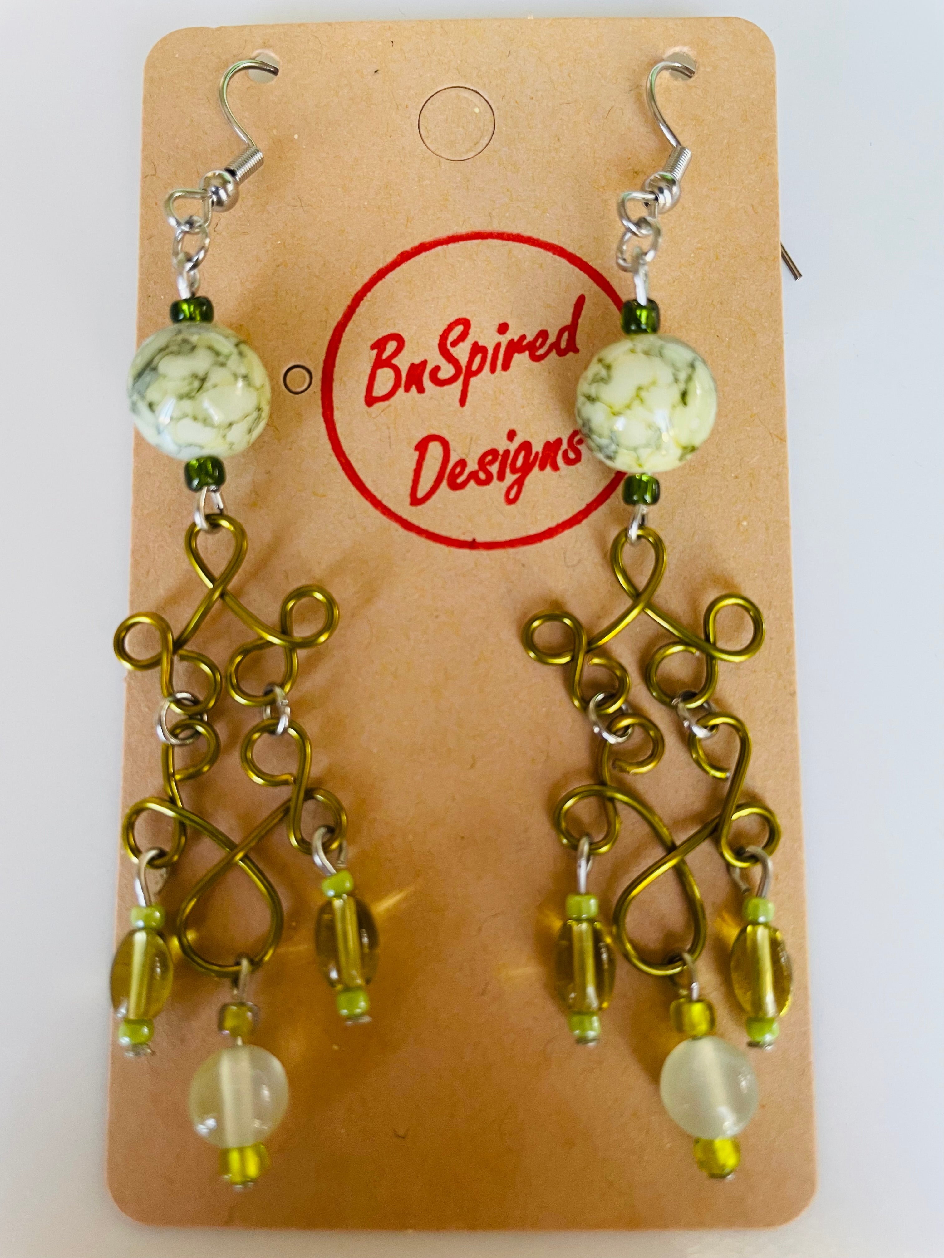 Lime Green Wire with Agate Gemstone Earrings