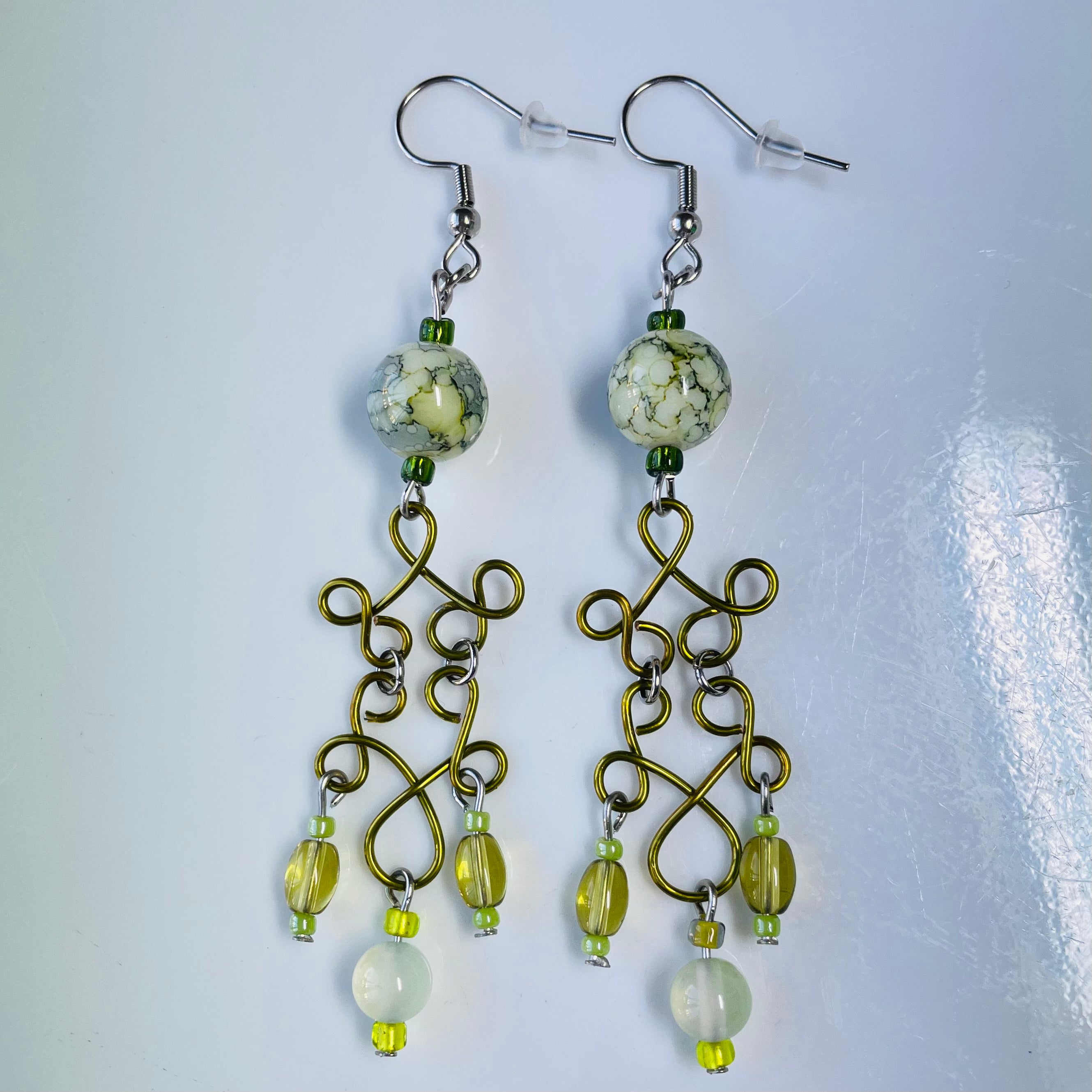 Lime Green Wire with Agate Gemstone Earrings