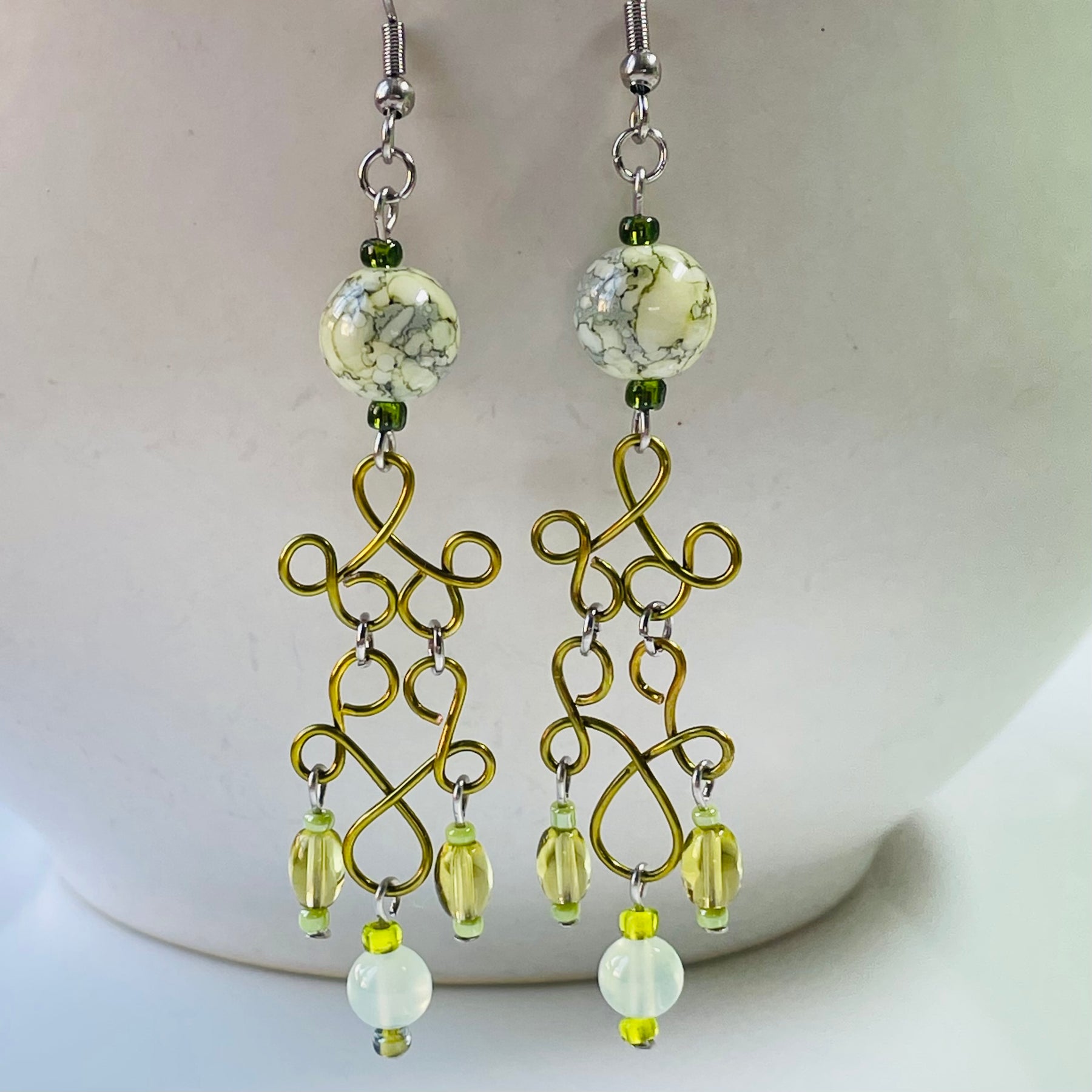 Lime Green Wire with Agate Gemstone Earrings