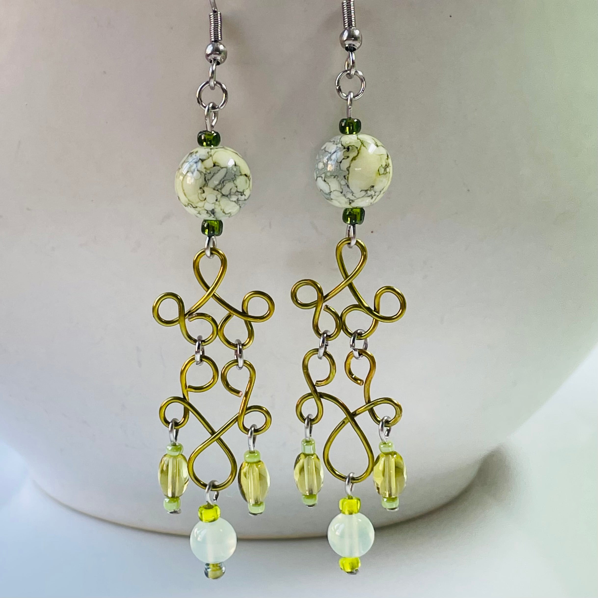 Lime Green Wire with Agate Gemstone Earrings