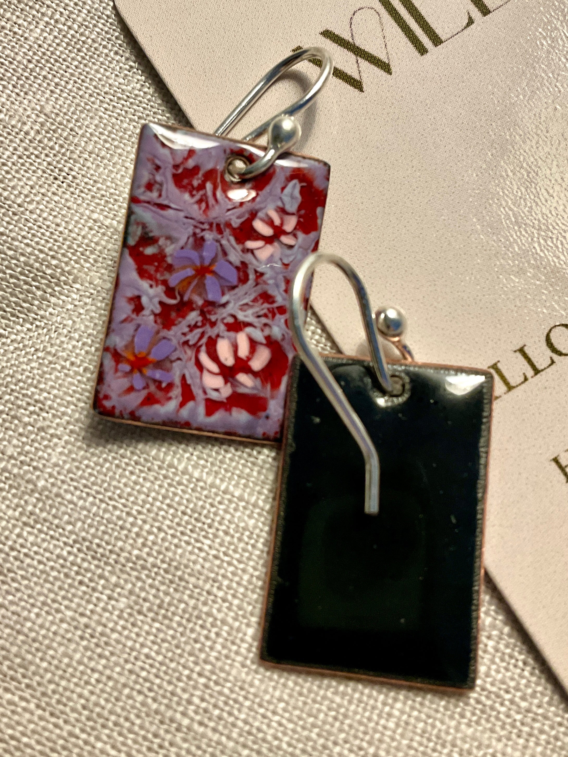Purple and pink flowers. Enamel earrings