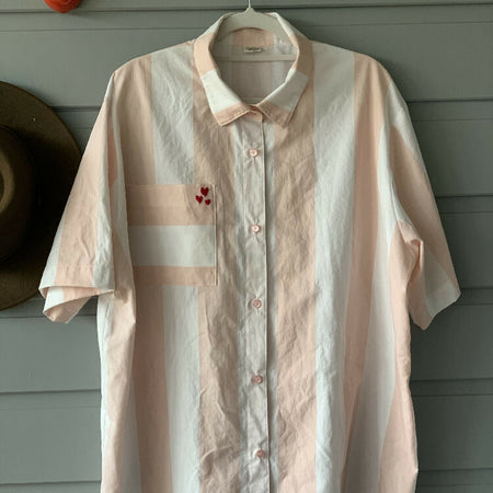 Pink and White stripe shirt/upcycled tablecloth/unisex shirt/Size XL