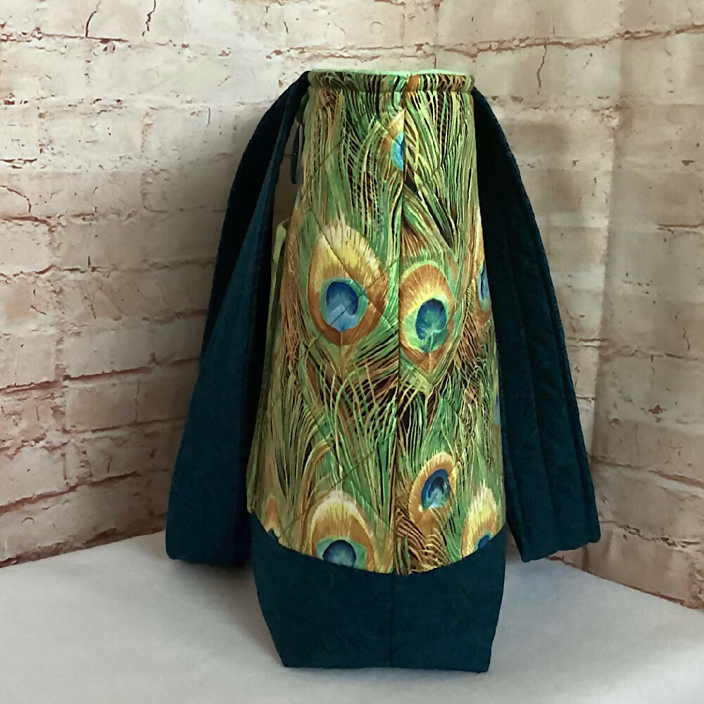 Peacock Feathers handbag, tote, shoulder bag for shopping, travel or craft.