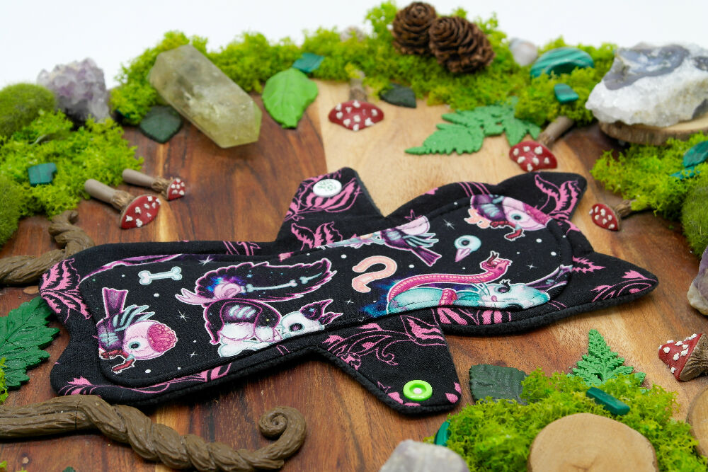 dig the flow reusables reusable cloth pad australian handmade dead things oddity curios cotton lycra purple flower cotton unique one-of-a-kind happy hippos naomis kitty menstrual health business