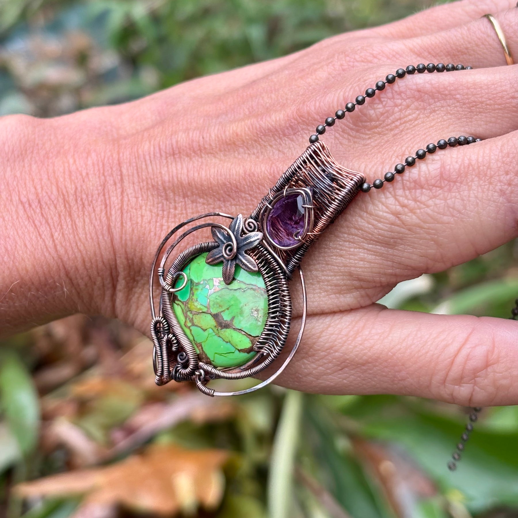 Mojave Turquoise/Amethyst copper crystal pendant