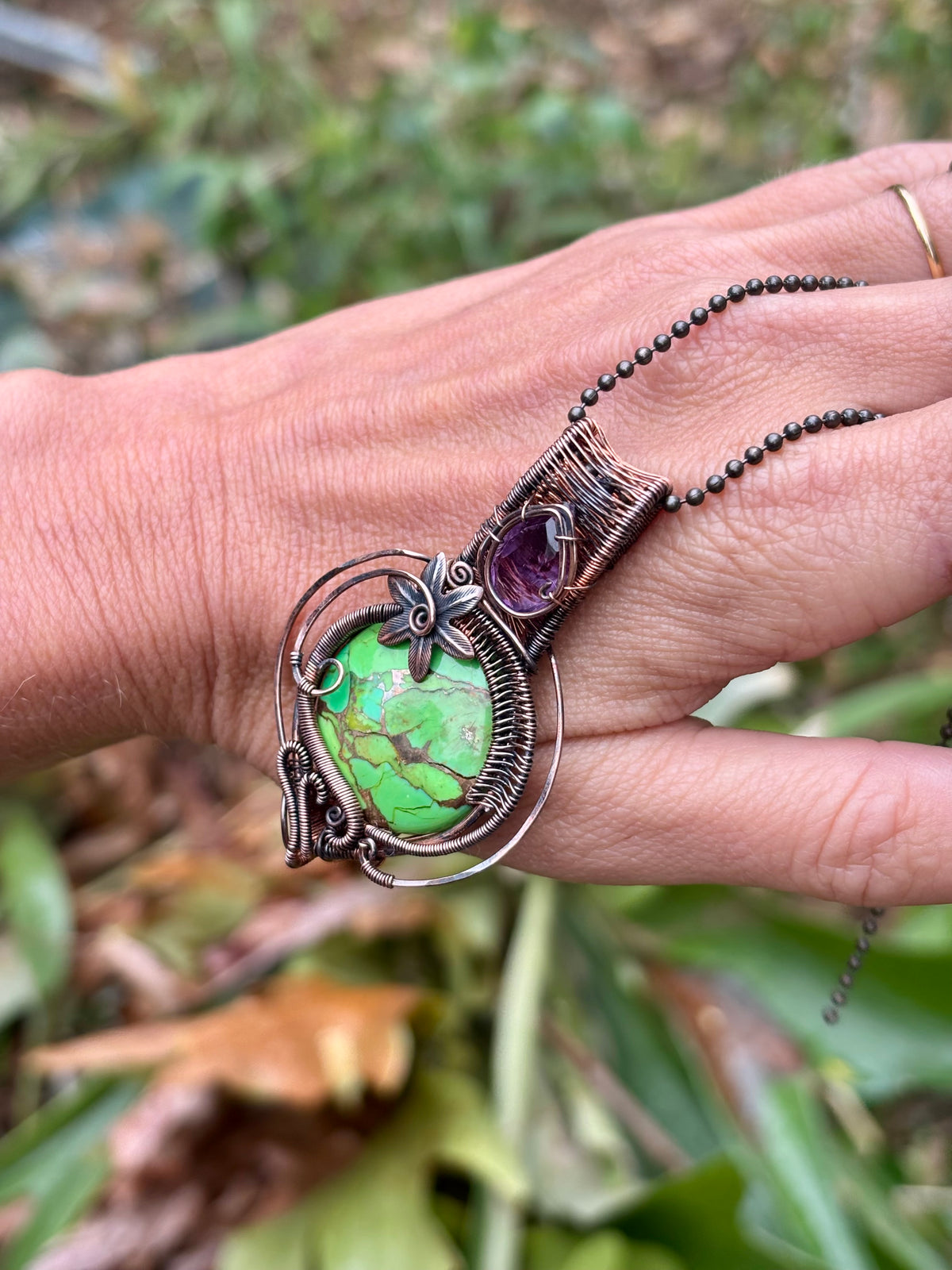 Mojave Turquoise/Amethyst copper crystal pendant