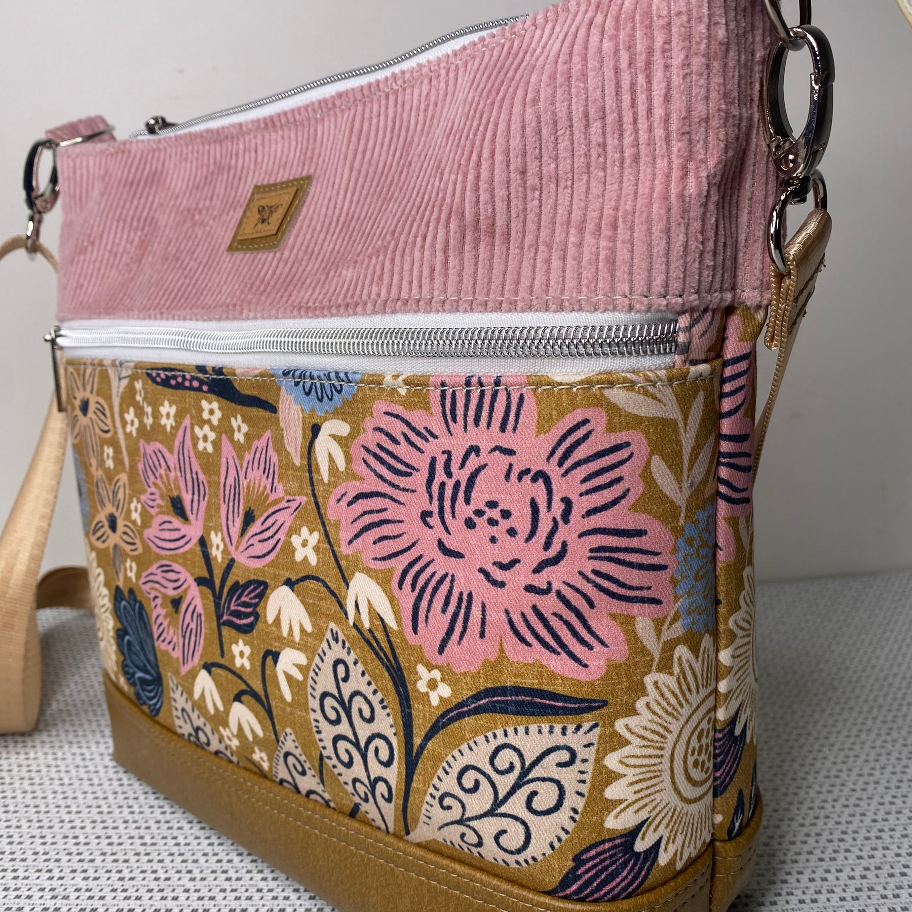 Lola Crossbody Bag - Pink Floral on Mustard/Pink Corduroy Fabric and Tan Faux Leather