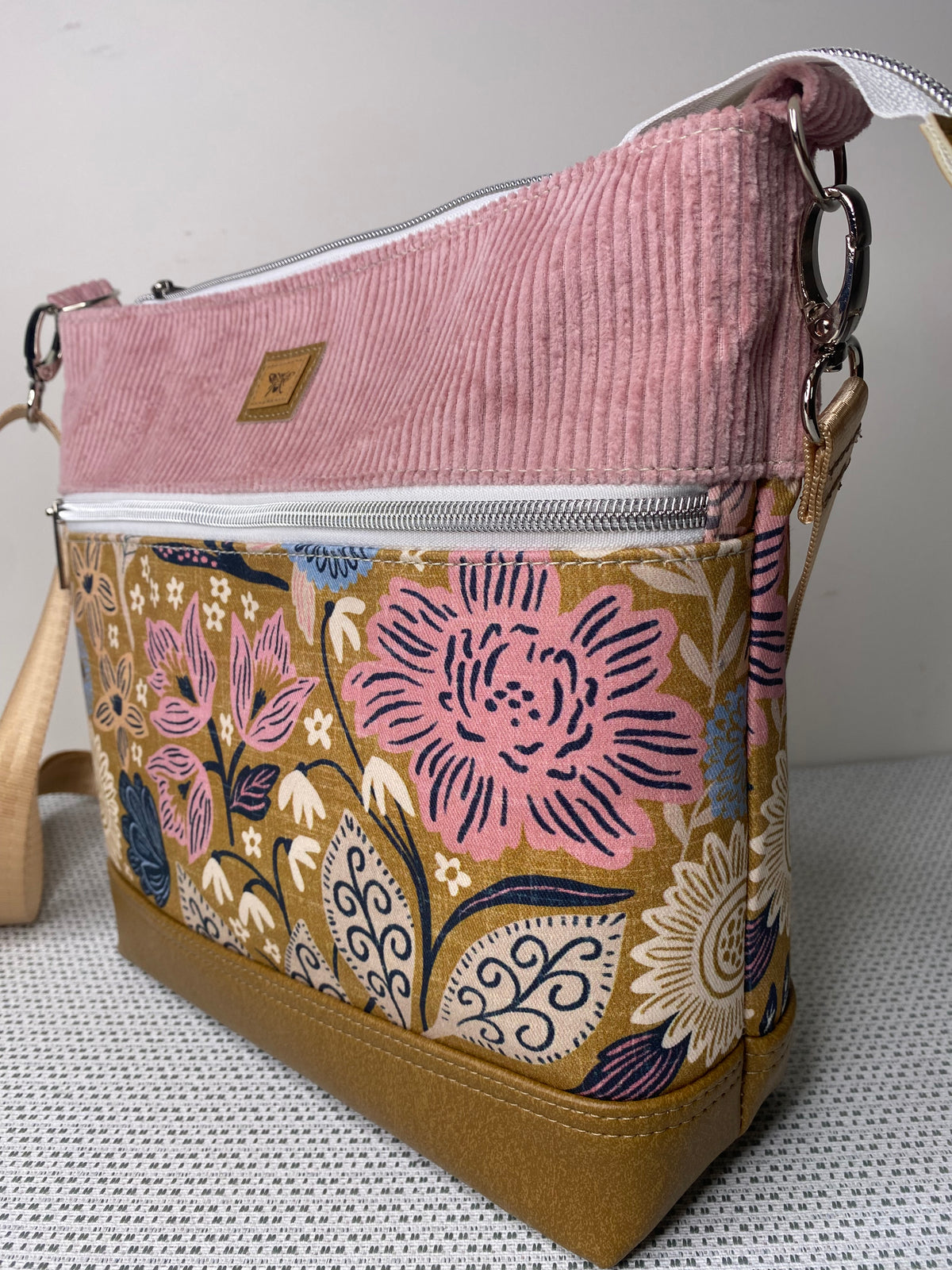 Lola Crossbody Bag - Pink Floral on Mustard/Pink Corduroy Fabric and Tan Faux Leather
