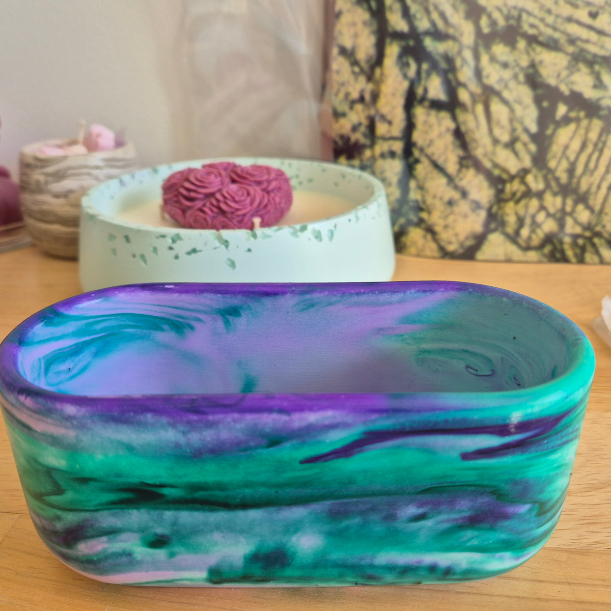 Green and purple concrete bowl candle with gardenia and roses