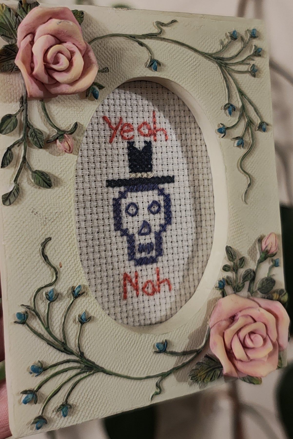 "Yeah, Nah" framed cross-stitch