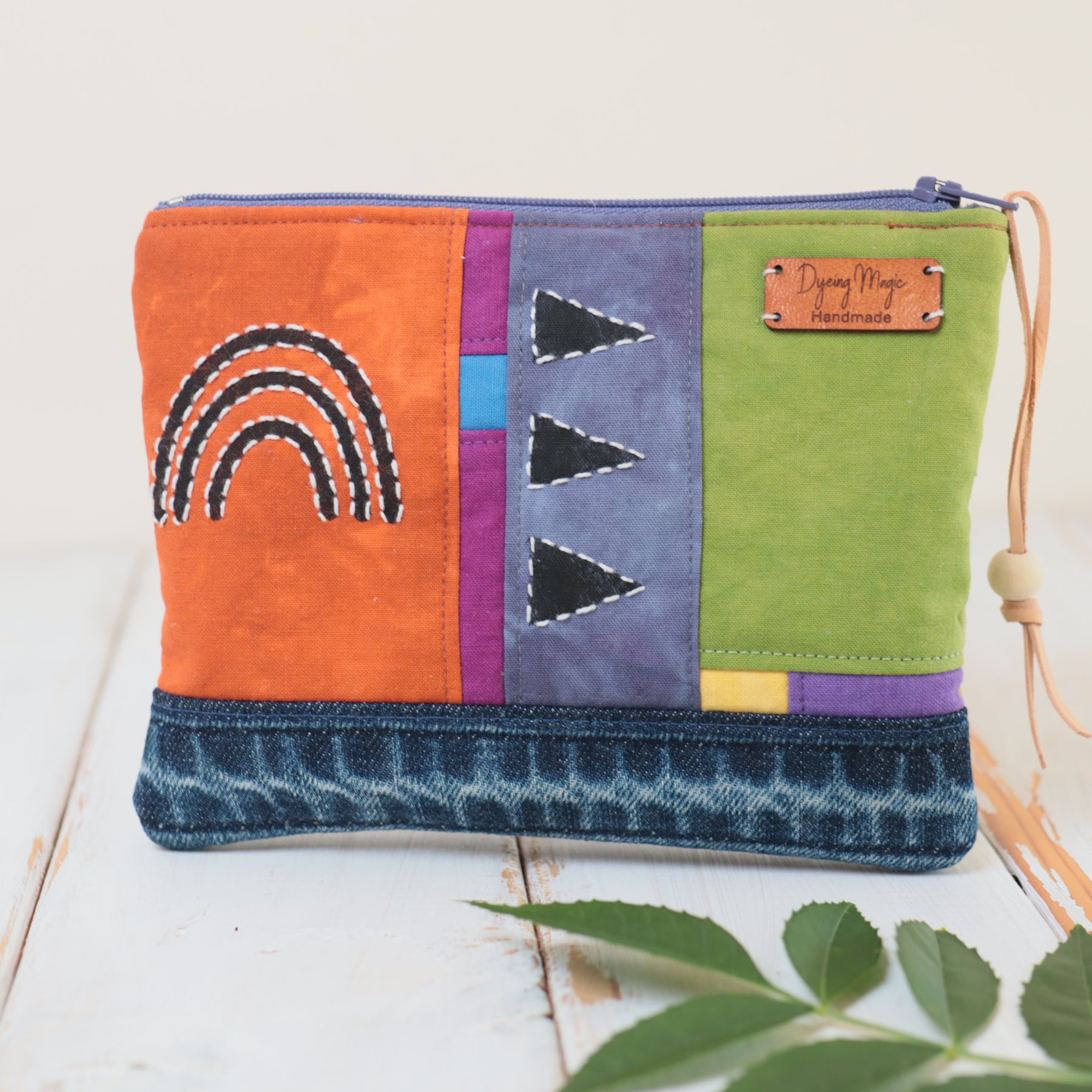 Hand Dyed Zipper Pouch, Makeup Bag, Sewing Pouch. Green and Ochre