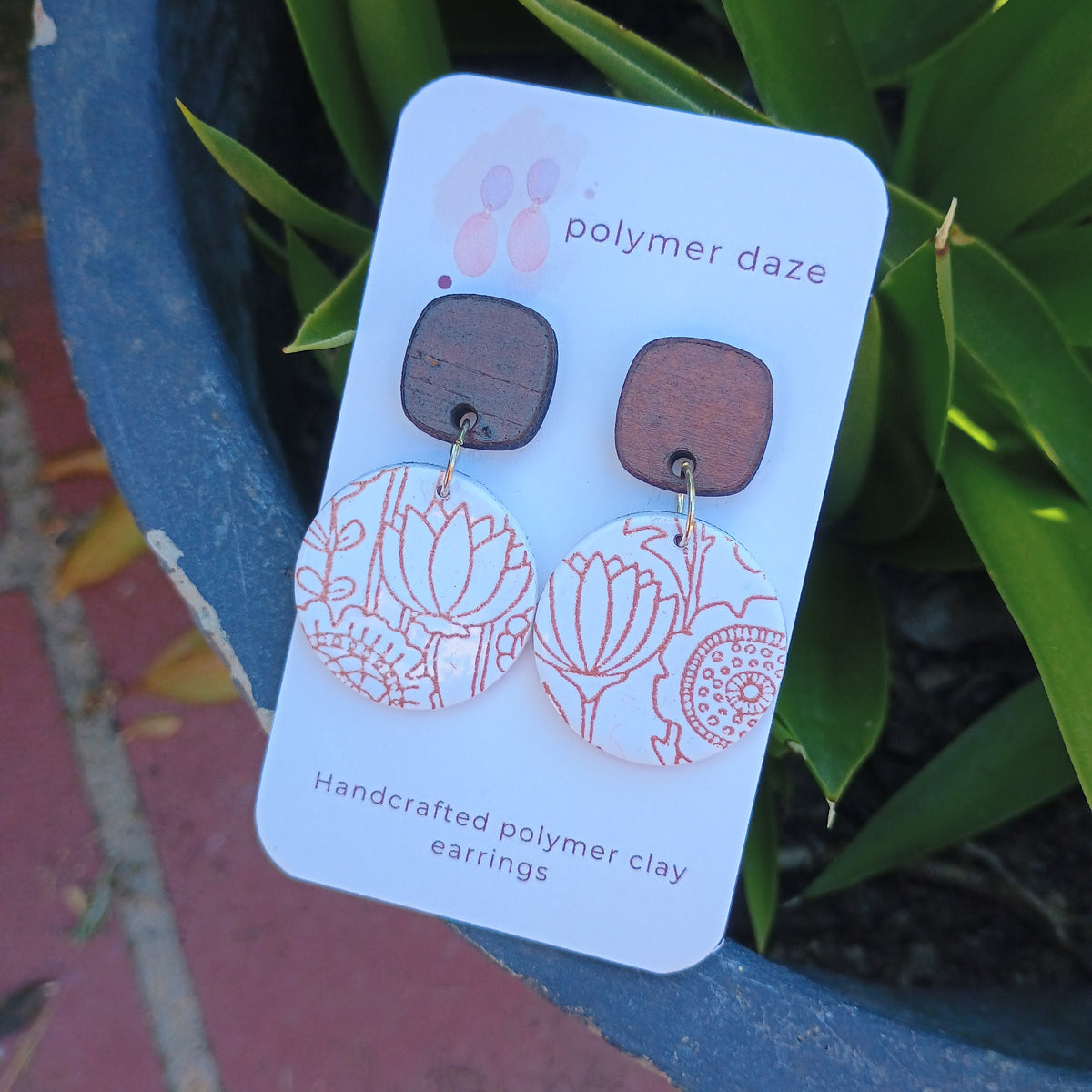Silkscreen painted earrings with natural wood stud top