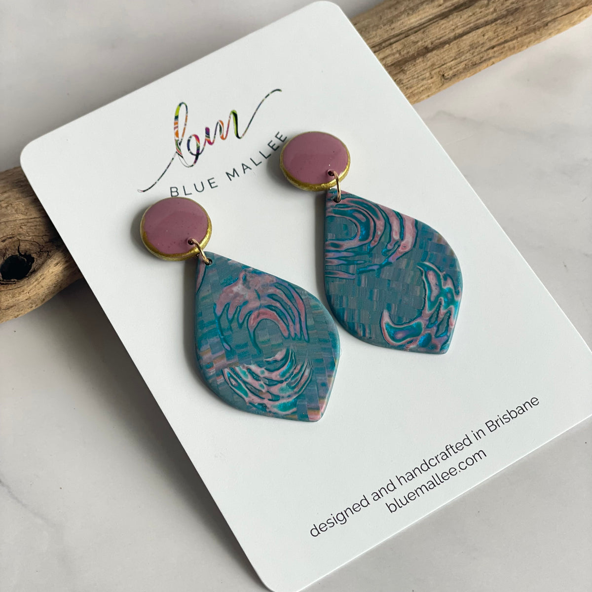 Polymer Clay Teardrop Stud Drop Earrings – Teal & Pink