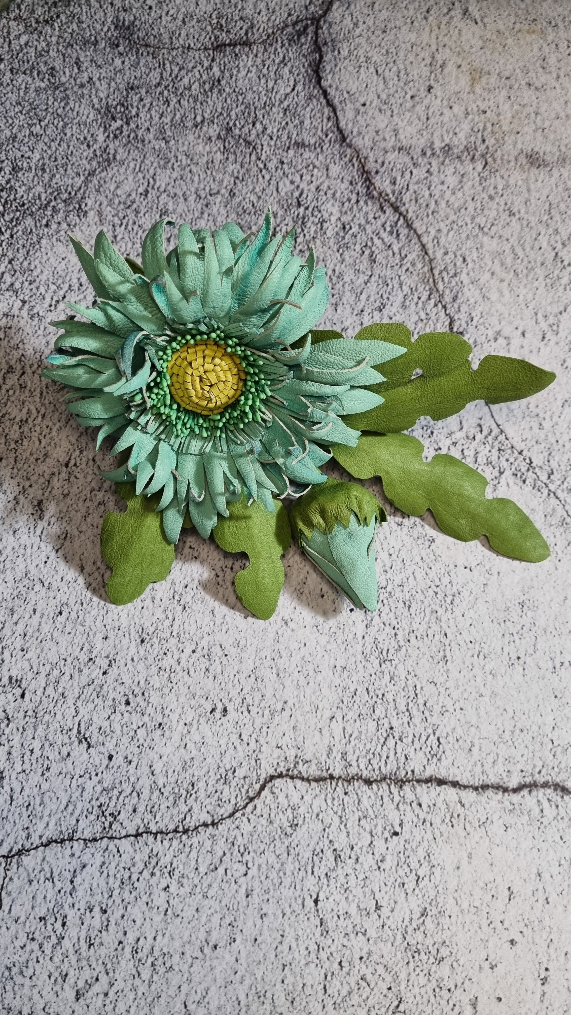 Leather Brooch Gerbera “Forest Light" , Flower Brooch