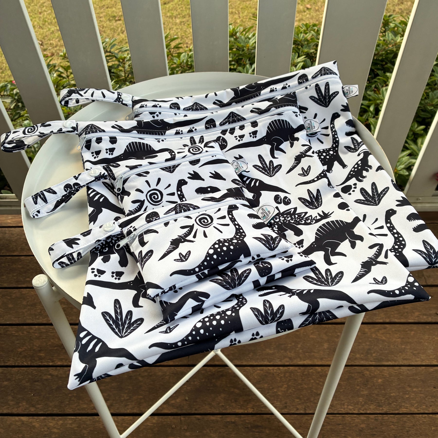 Water-resistant wet bags - Monochrome Abstract Dinos (Ladybird and Roar)