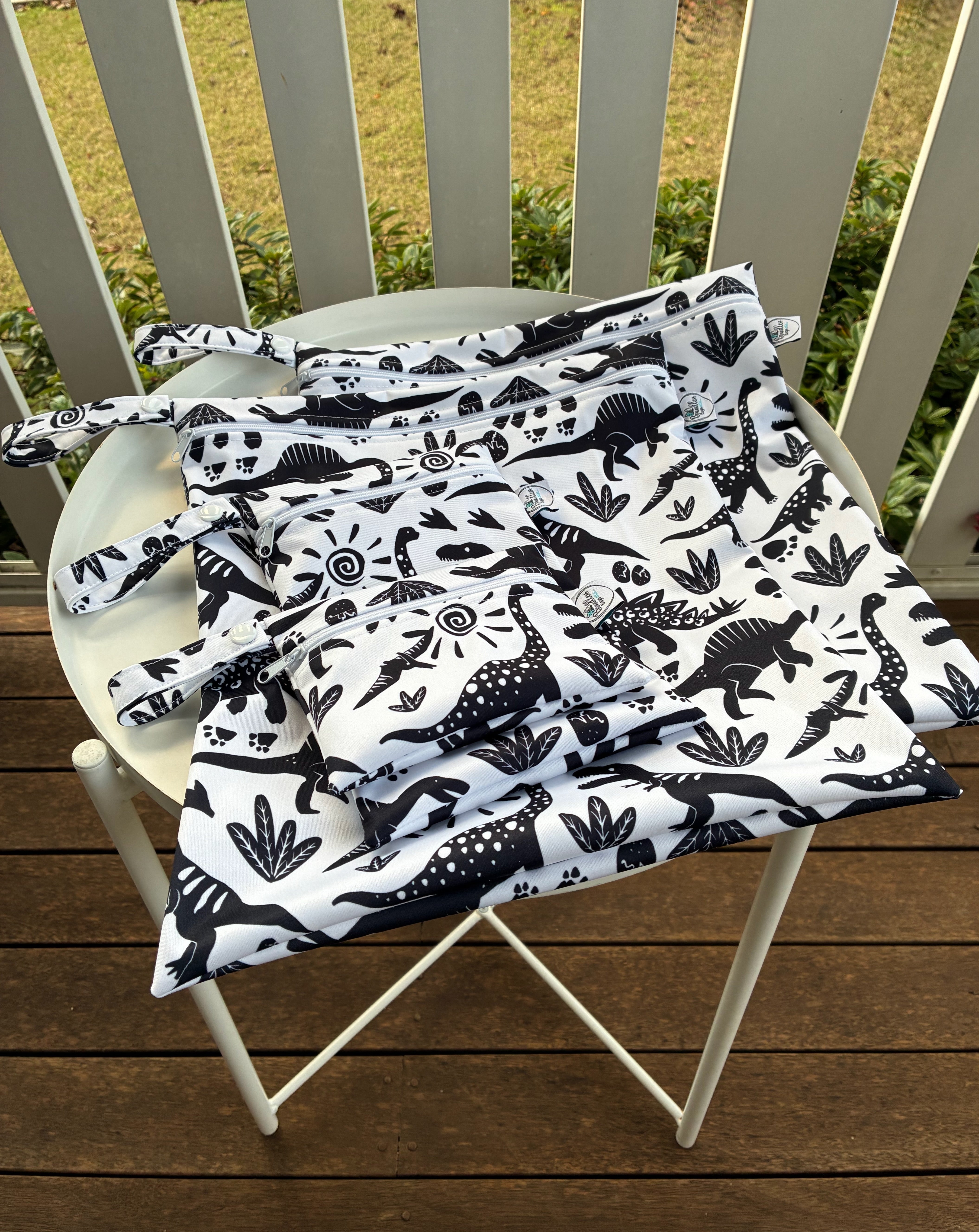 Water-resistant wet bags - Monochrome Abstract Dinos (Ladybird and Roar)