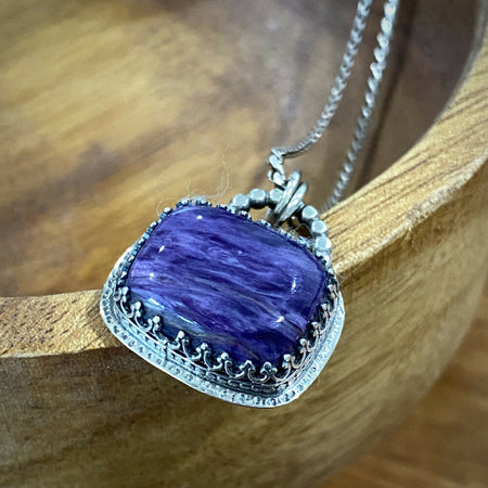 Sterling Silver Charoite Gothic Purple Pendant - Rectangular