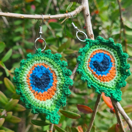 crocheted peacock feather earrings