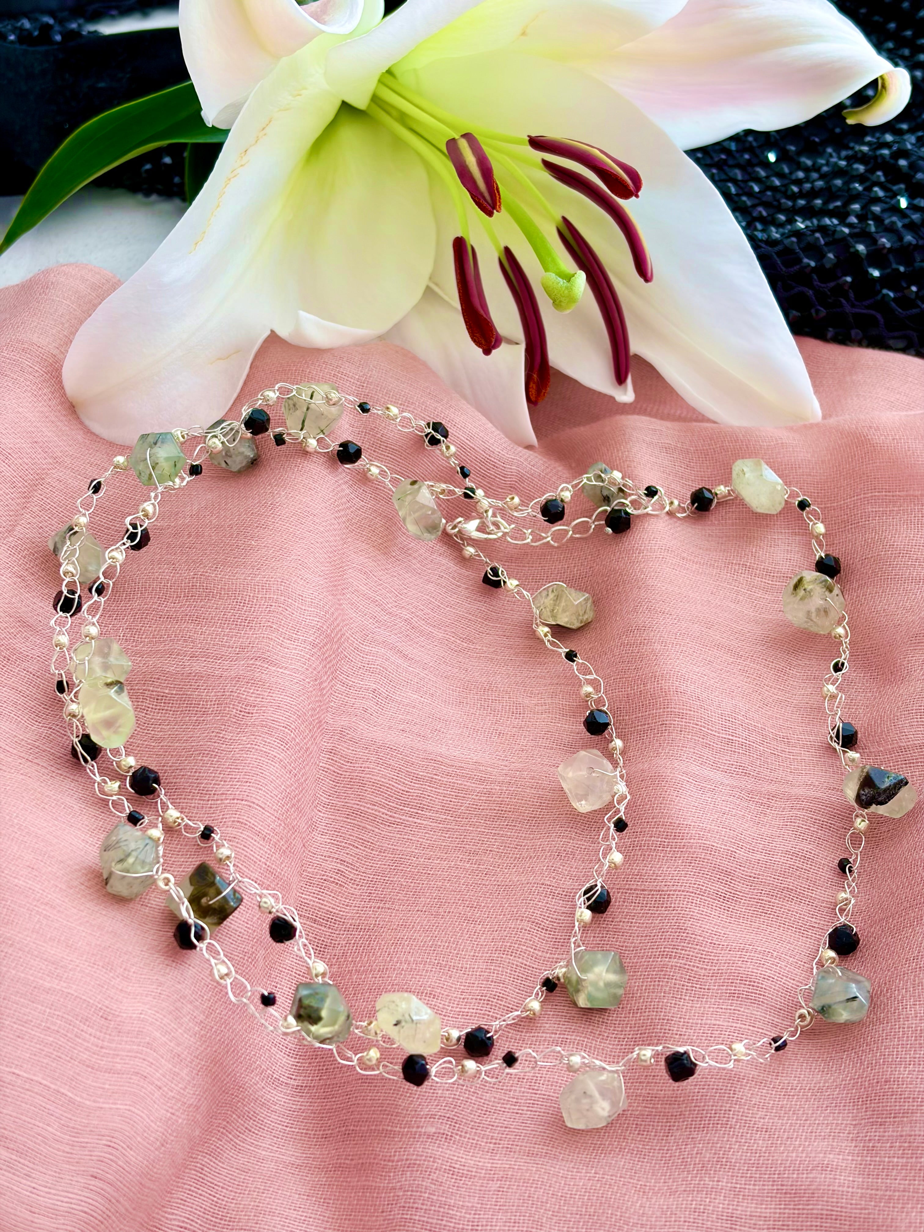 Prehnite & Onyx Crochet Necklace “Dream”