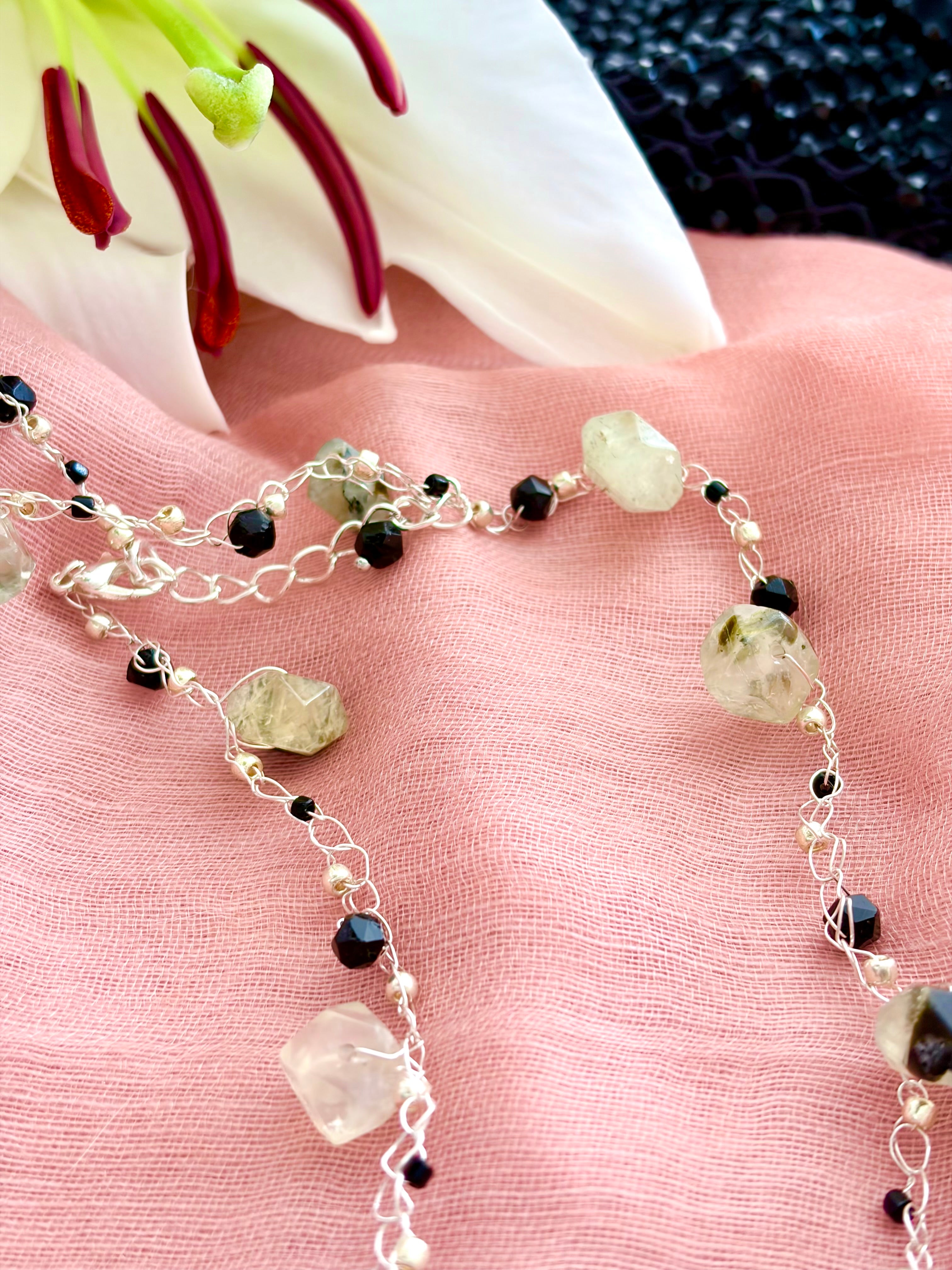 Prehnite & Onyx Crochet Necklace “Dream”