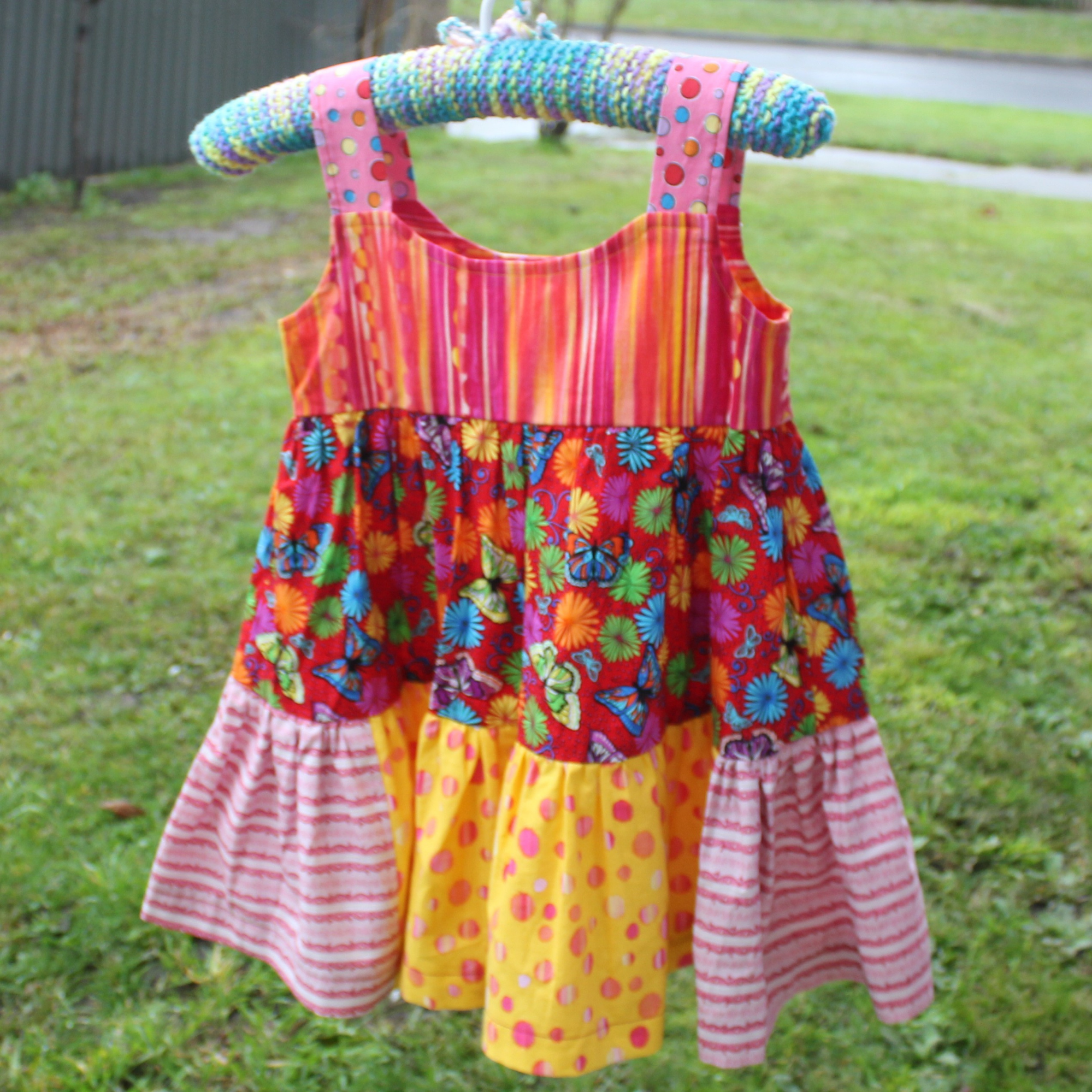 Girls Dress, Size 5, Multicoloured Stripes/Butterflies/Spots.