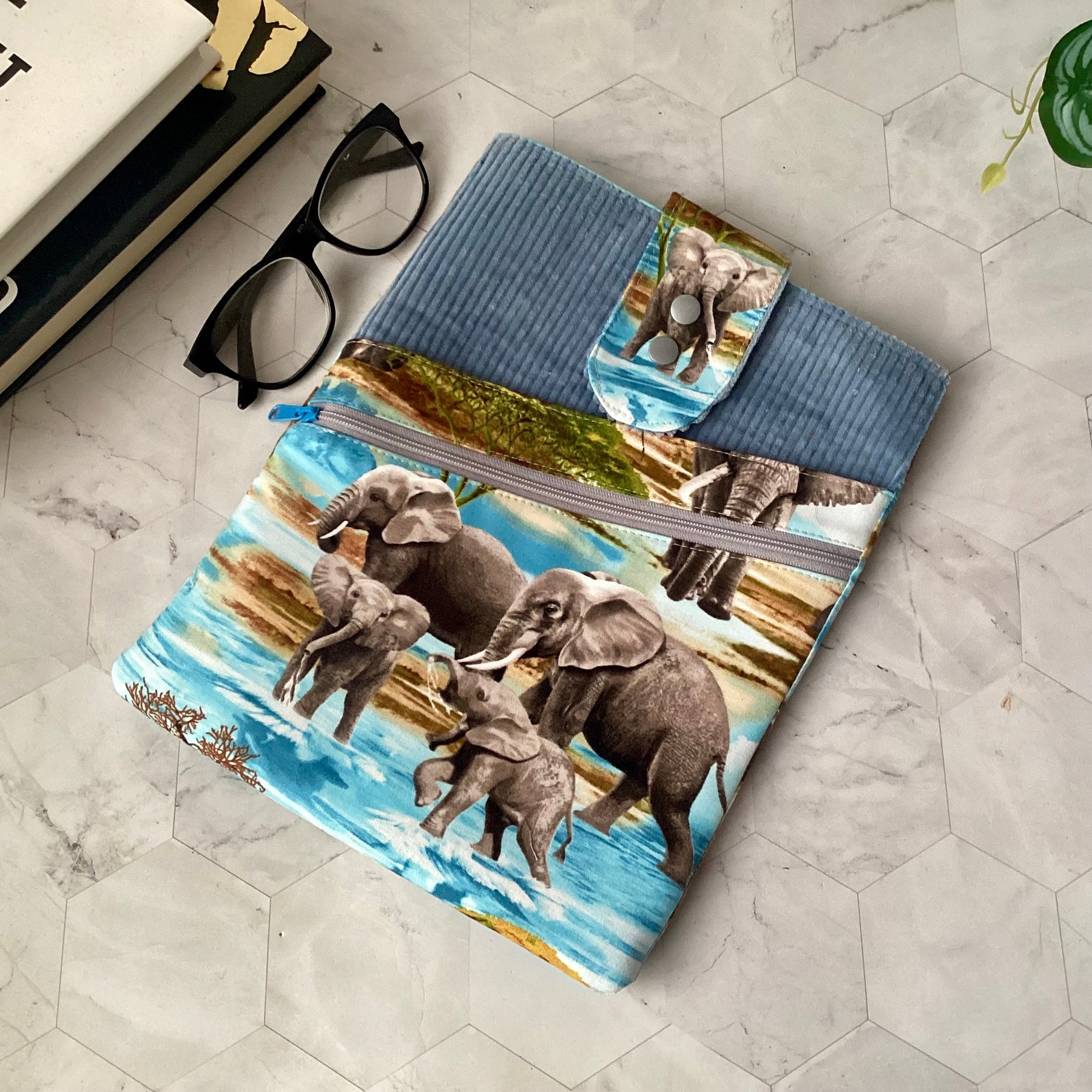 Elephants fabric book sleeve with 2 pockets. iPad, tablet pouch