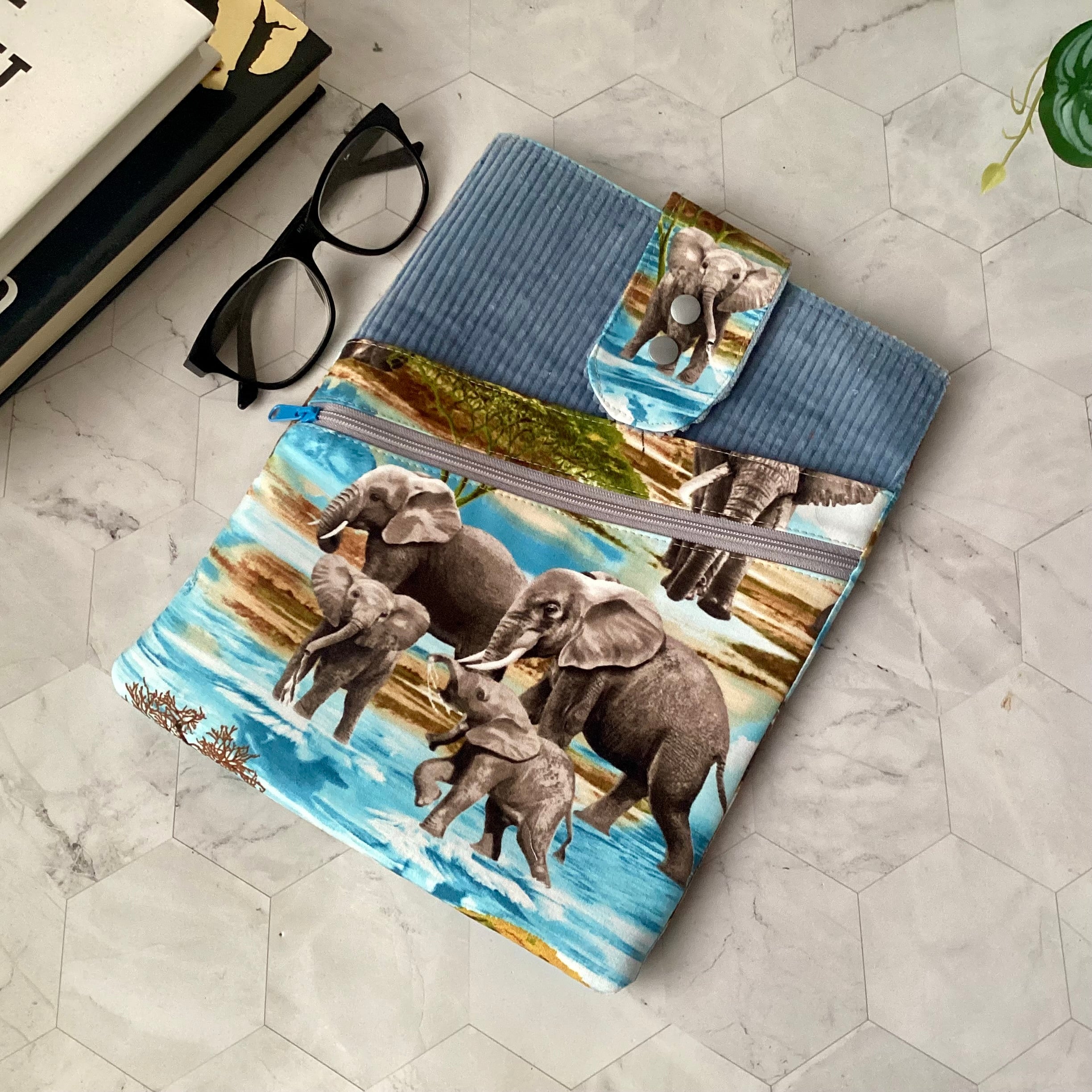 Elephants fabric book sleeve with 2 pockets. iPad, tablet pouch
