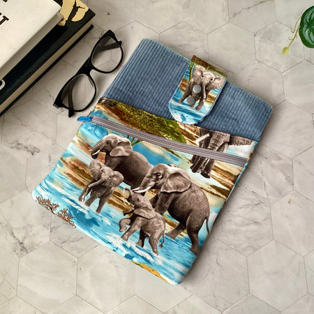 Elephants fabric book sleeve with 2 pockets. iPad, tablet pouch