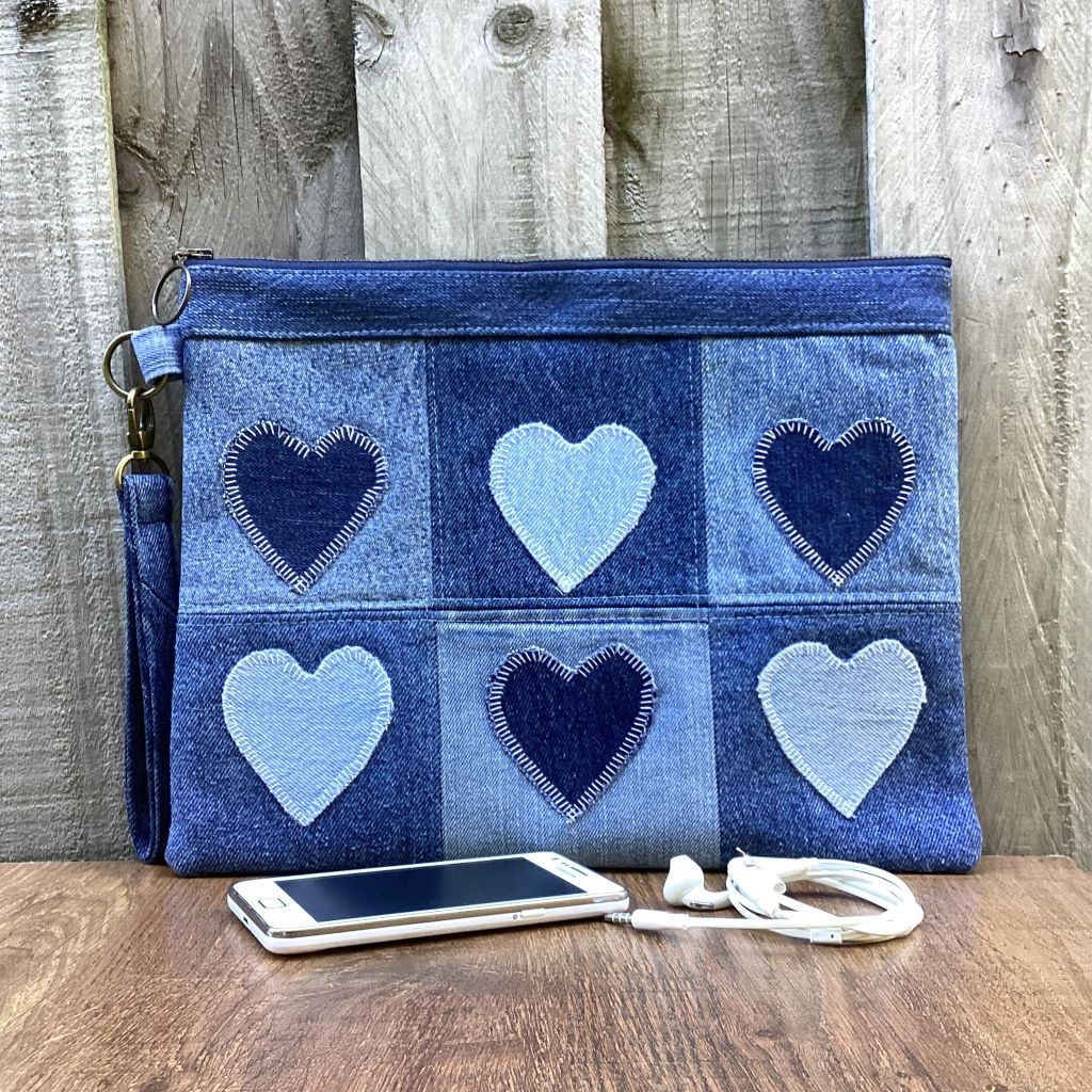 Large Upcycled Denim Pouch – 6 Denim Hearts
