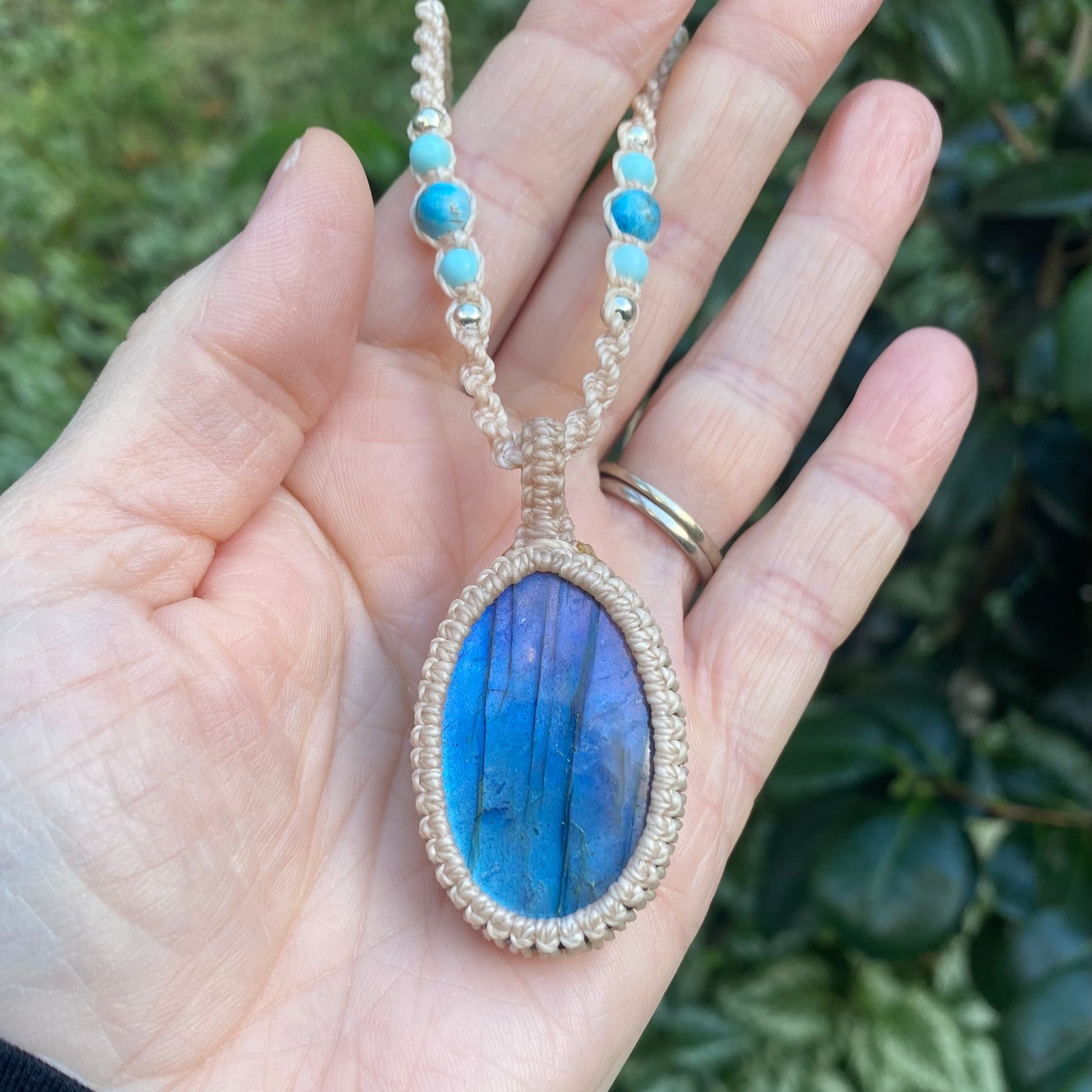 Blue Flash Labradorite Pendant: Beaded Macrame necklace, Adjustable Boho