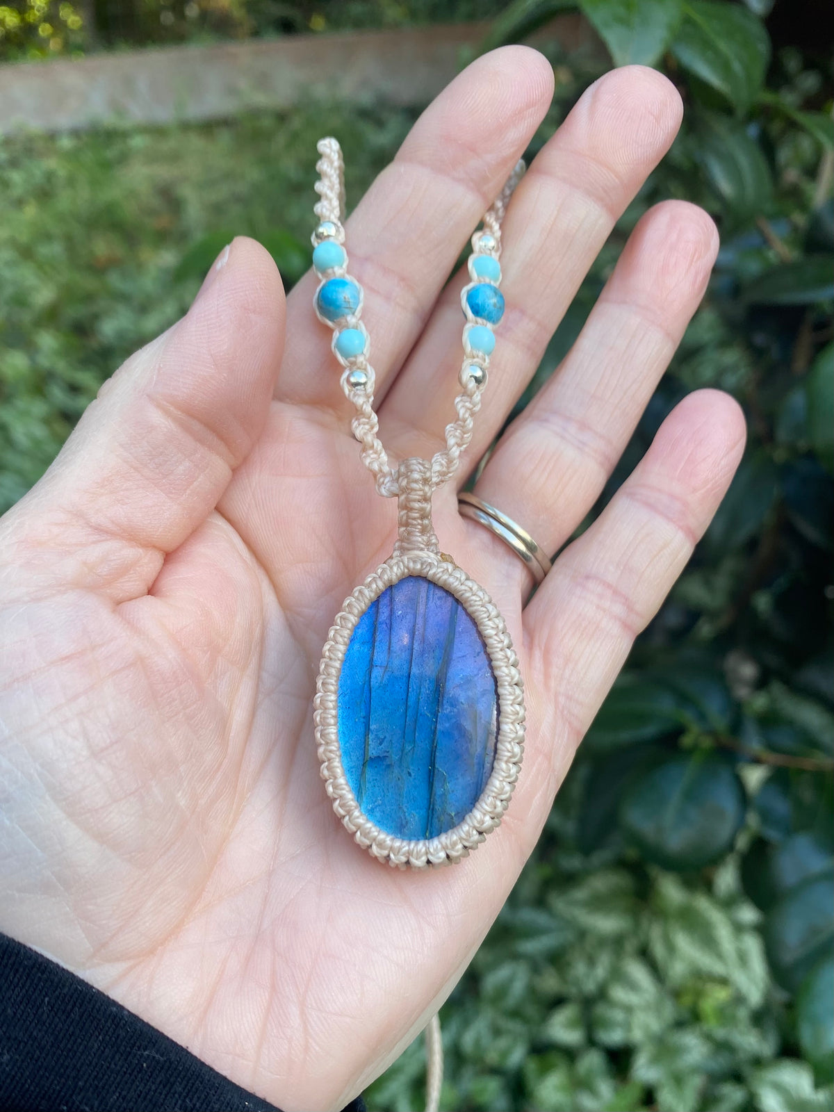 Blue Flash Labradorite Pendant: Beaded Macrame necklace, Adjustable Boho