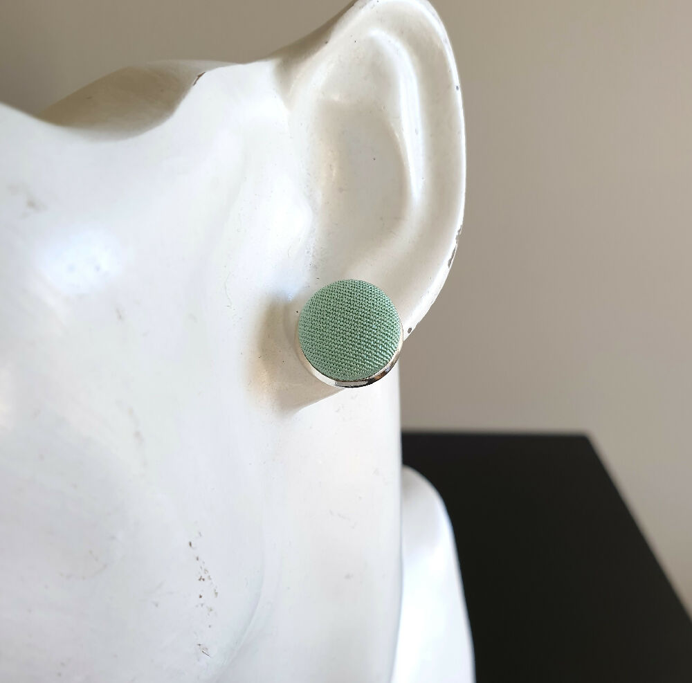 1.4cm Round Pale Green Kimono Fabric Cabochon stud earrings
